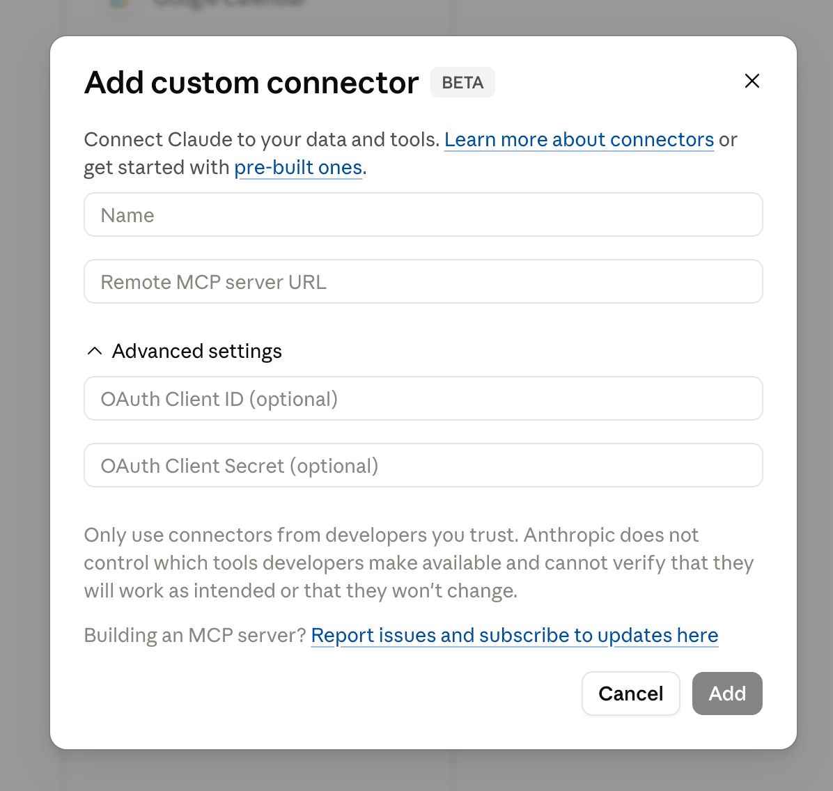 Claude Desktop Add Connector dialog with Remote MCP server URL field