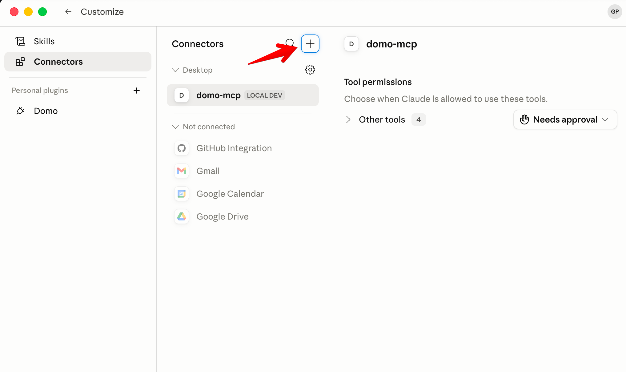 Claude Desktop Connectors panel under Customize
