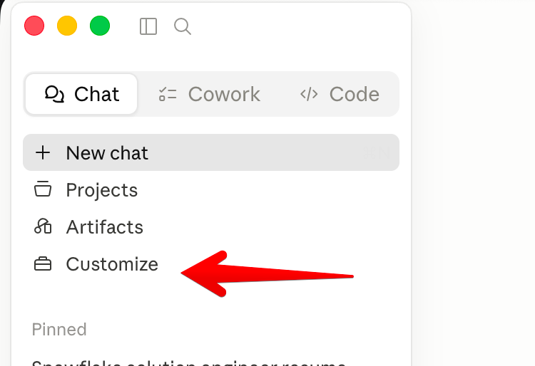 Claude Desktop left sidebar with Customize menu