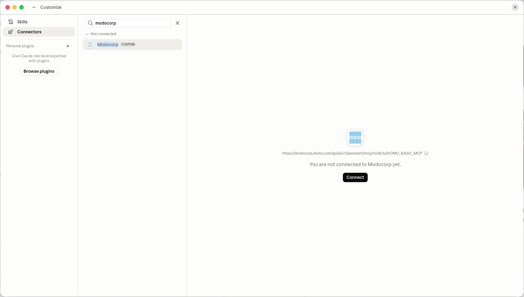 Claude Desktop Connect prompt for Domo MCP server