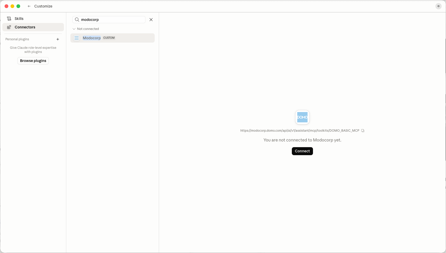 Claude Desktop Connect prompt for Domo MCP server