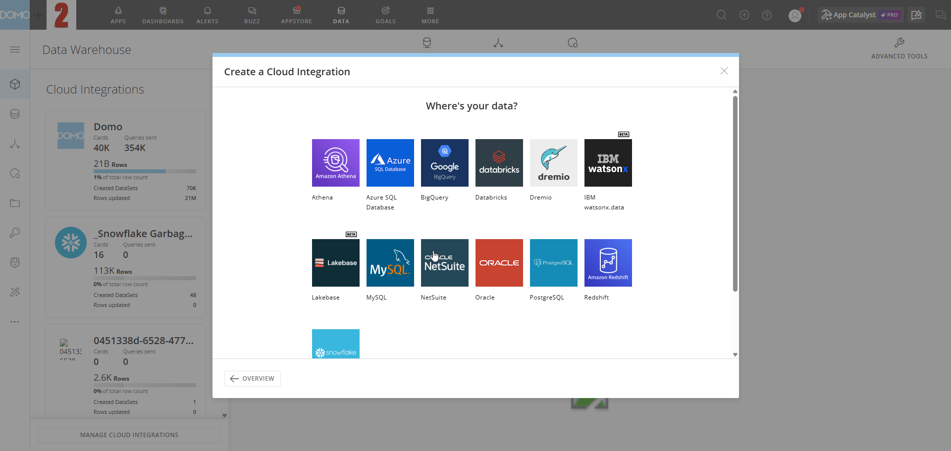 The Create a Cloud Integration modal showing all available provider tiles