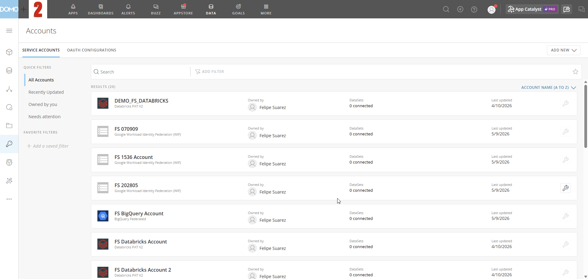 The Accounts page showing the Service Accounts list