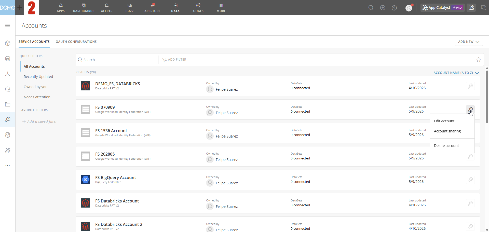 The wrench icon menu open showing Account sharing