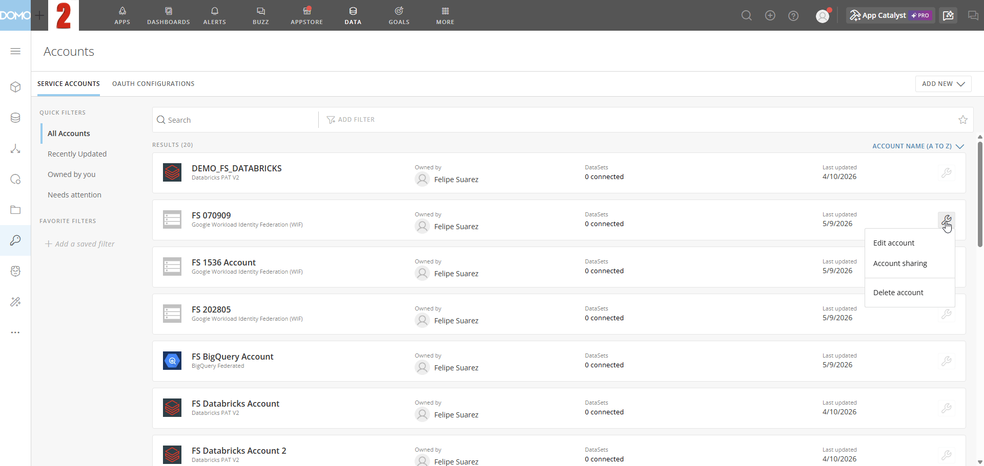 The wrench icon menu open showing Account sharing