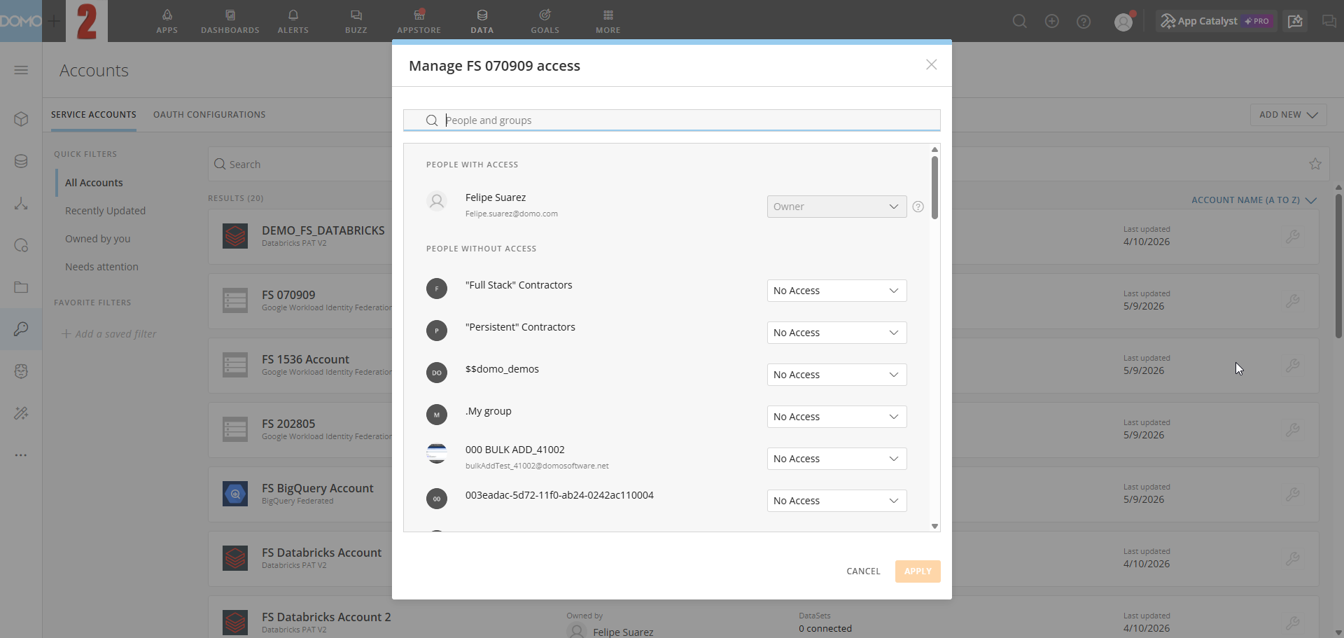 The Manage access modal with People with Access and People without Access sections