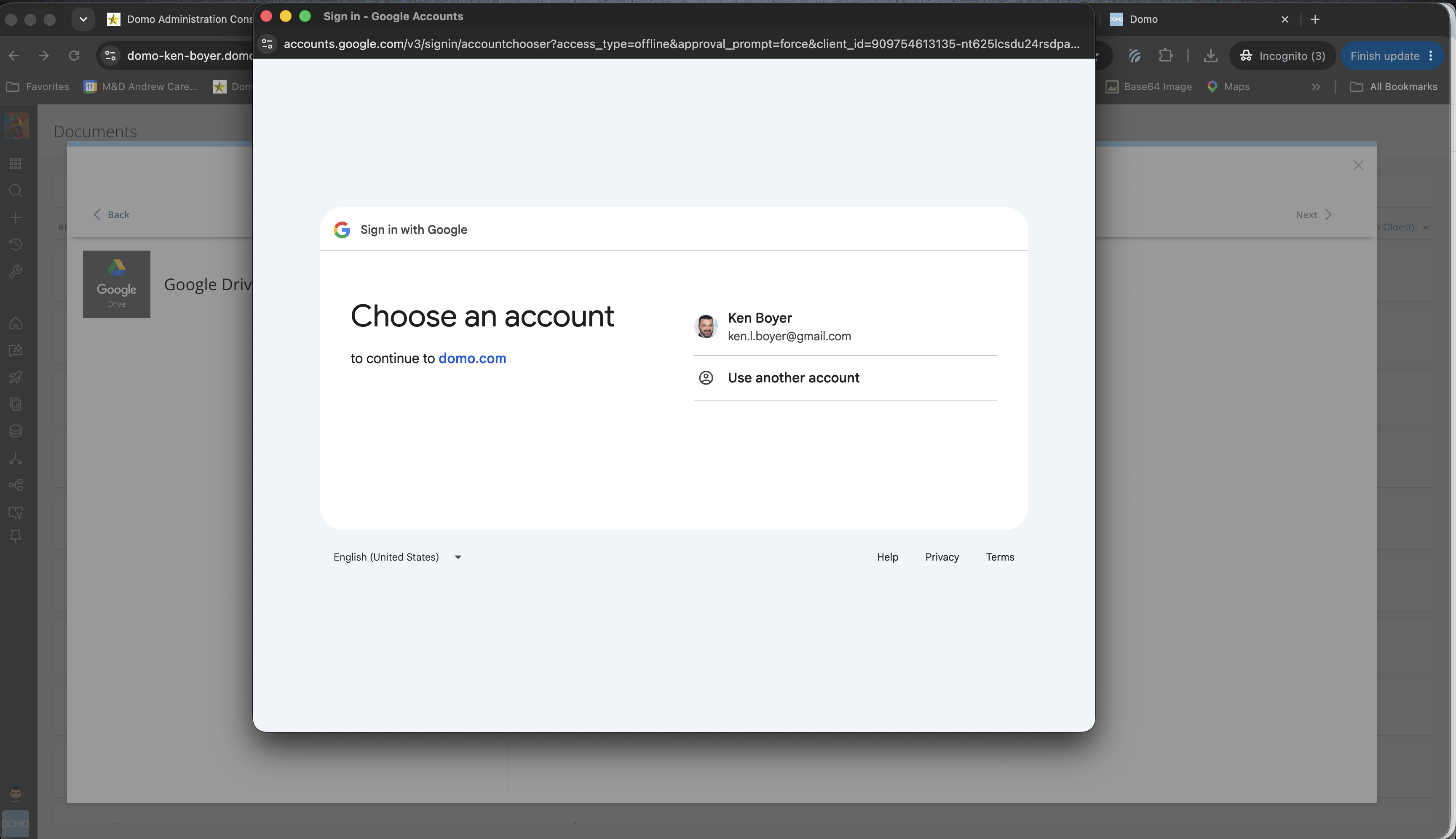 Google account selection screen