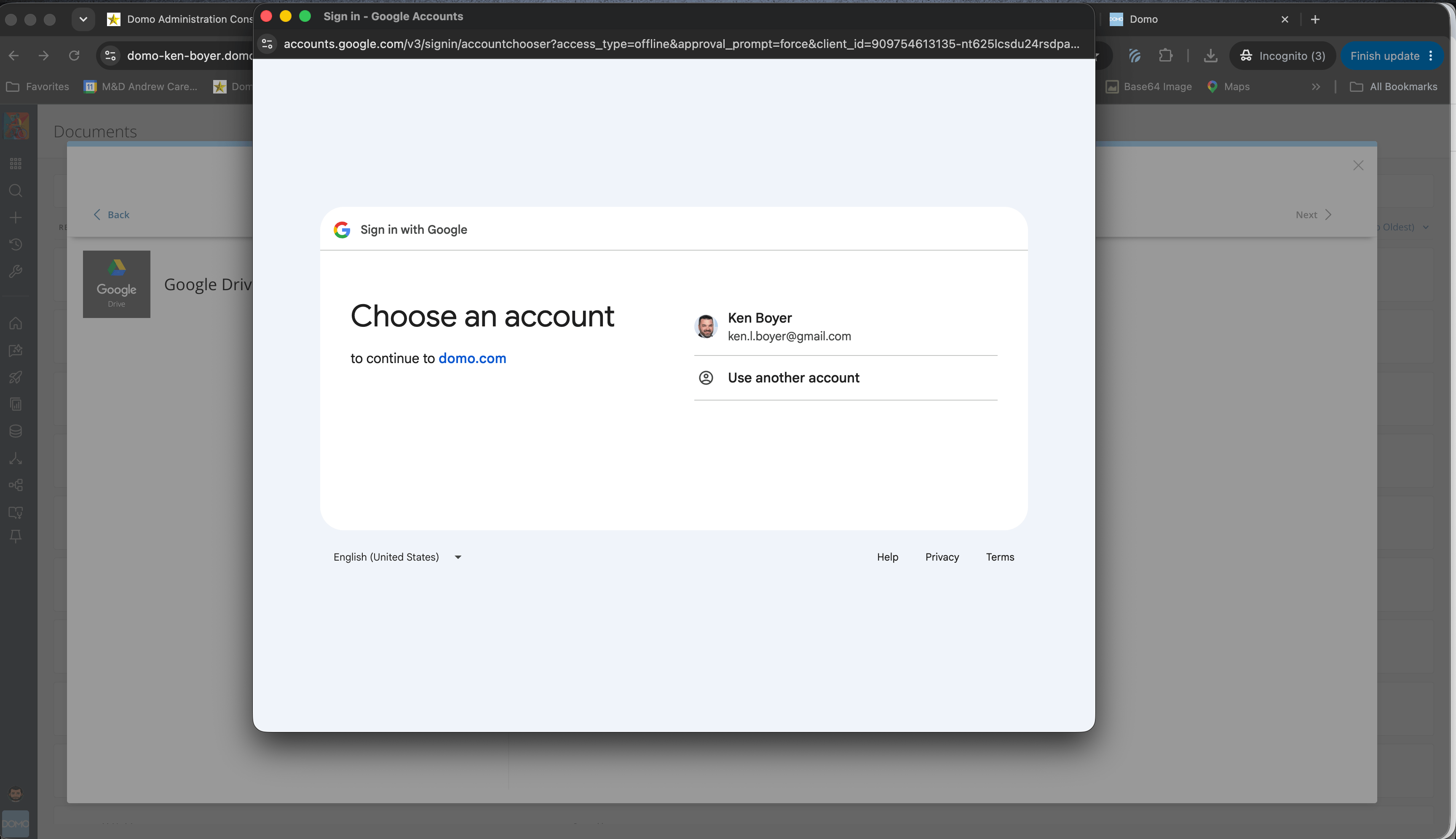 Google account selection screen