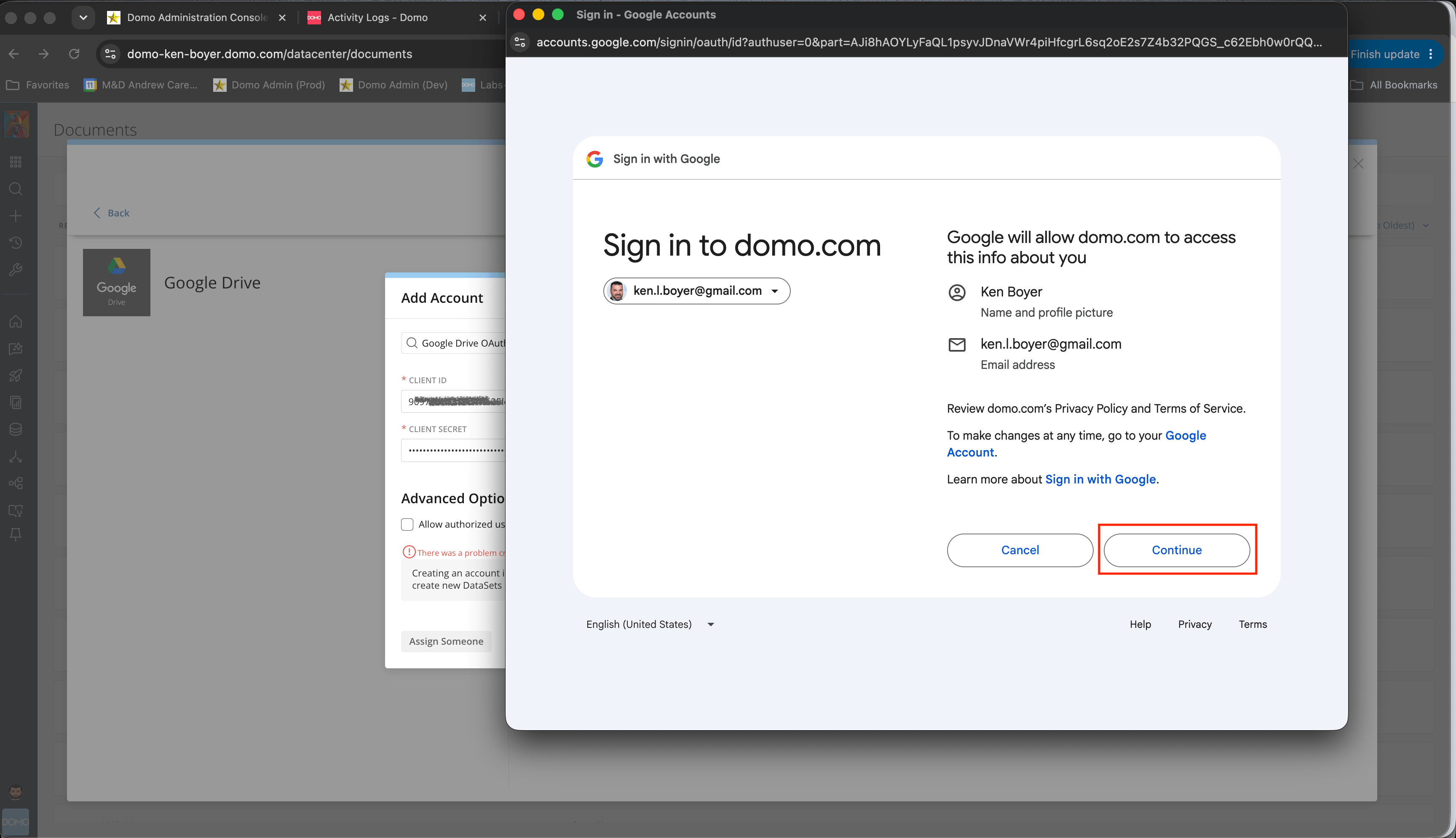 Google permissions grant screen