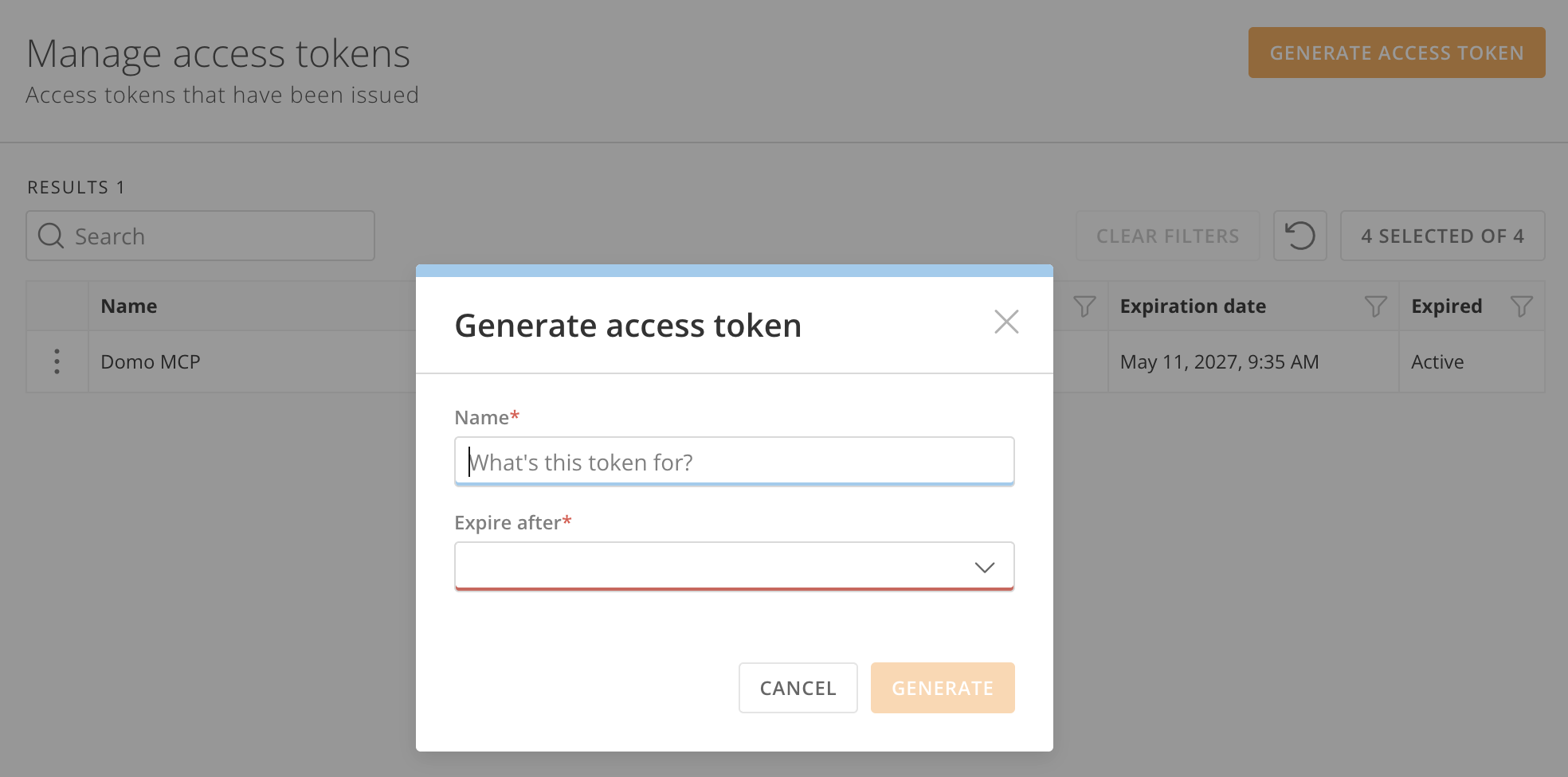 Generate access token dialog