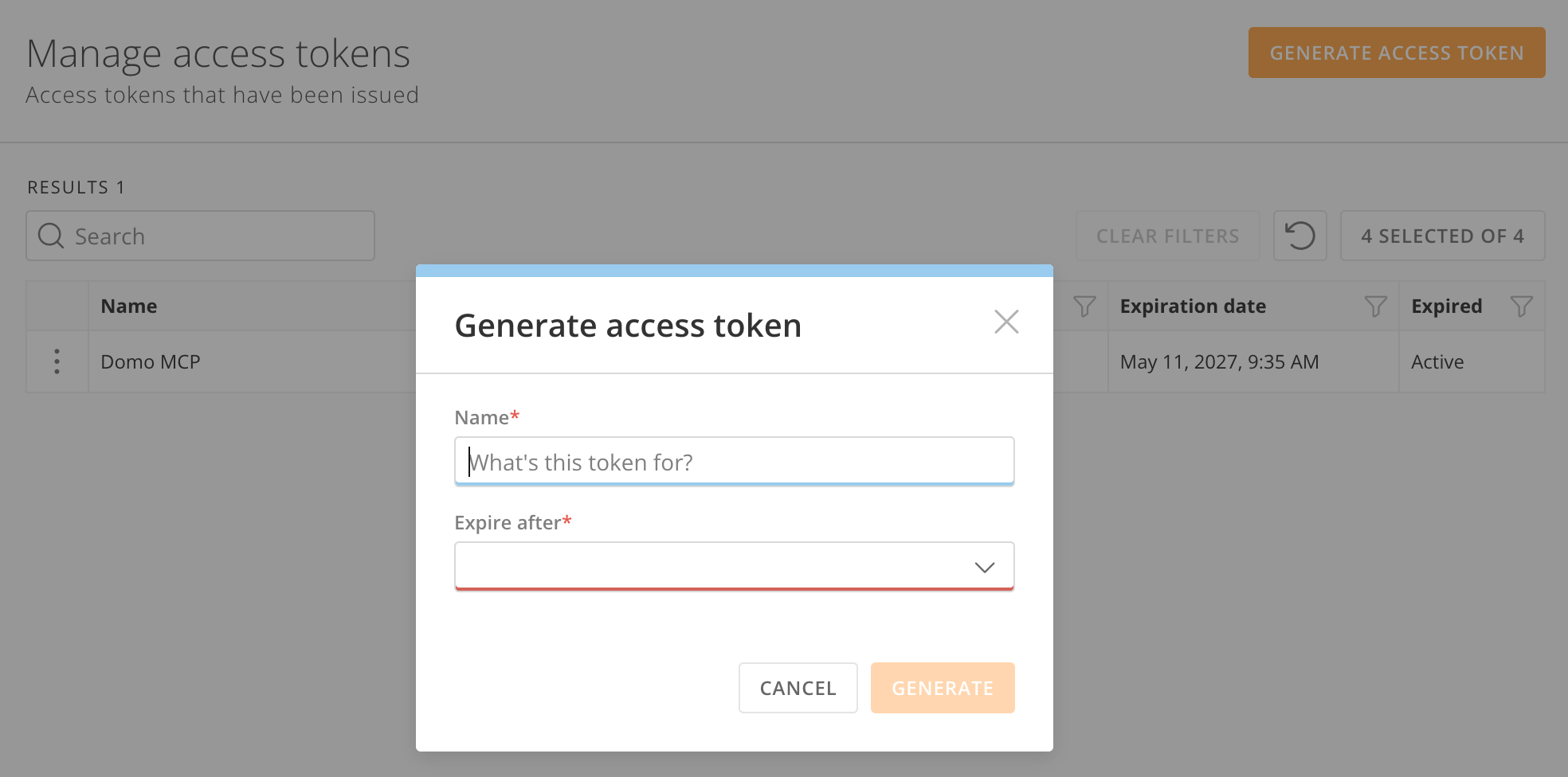 Generate access token dialog
