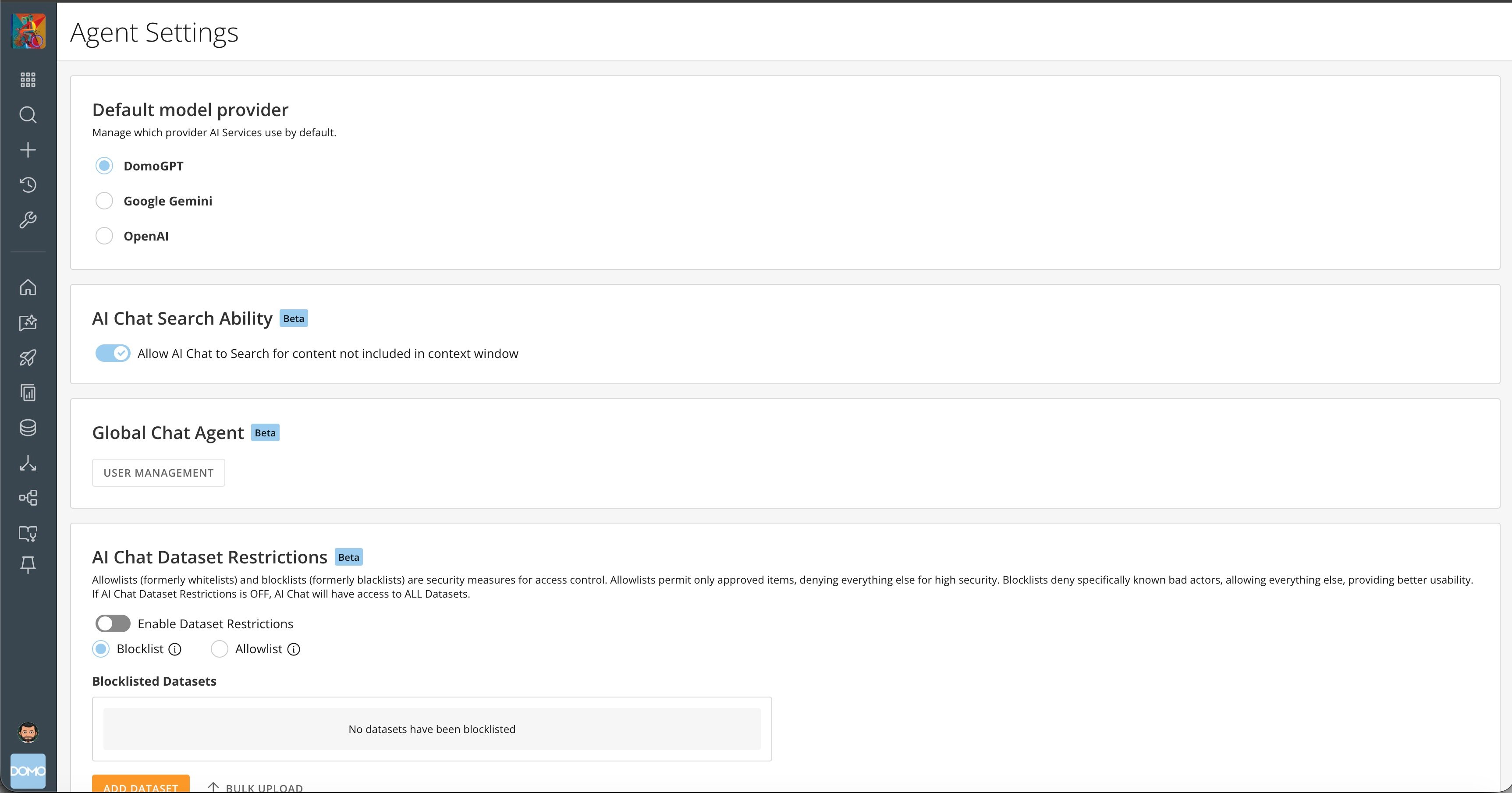AI Agent Settings page in the Admin Settings