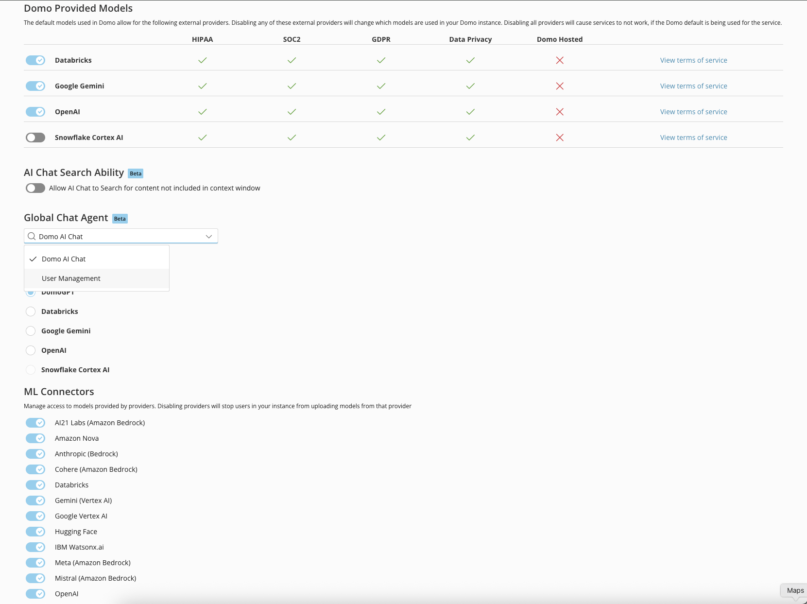 AI Service Layer chat settings