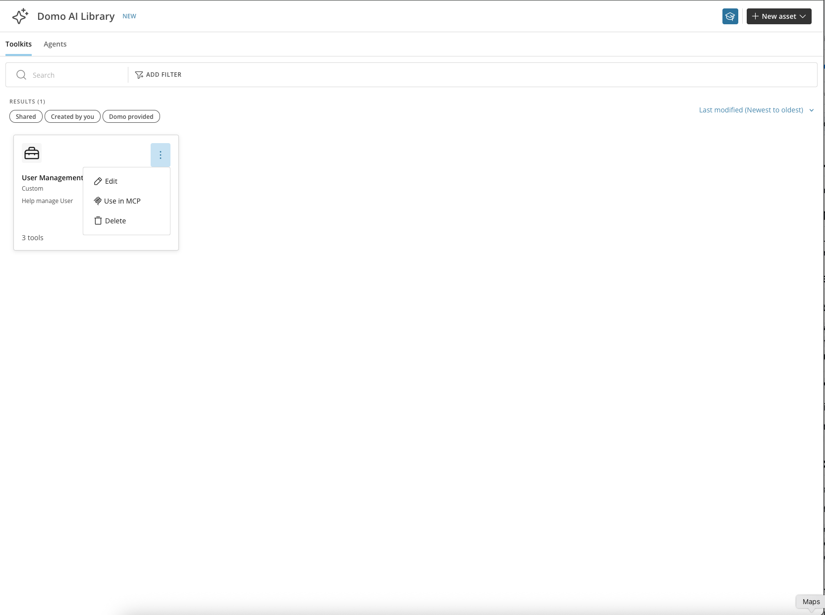 Toolkit actions menu