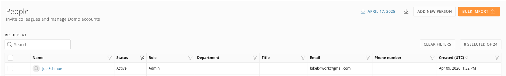 People page showing new user