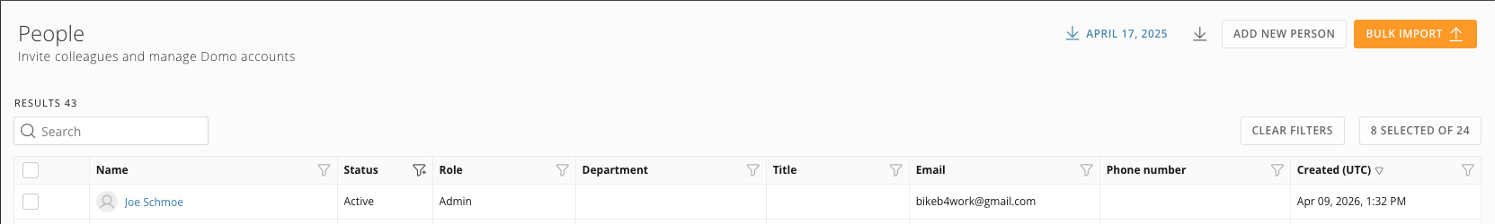 People page showing new user