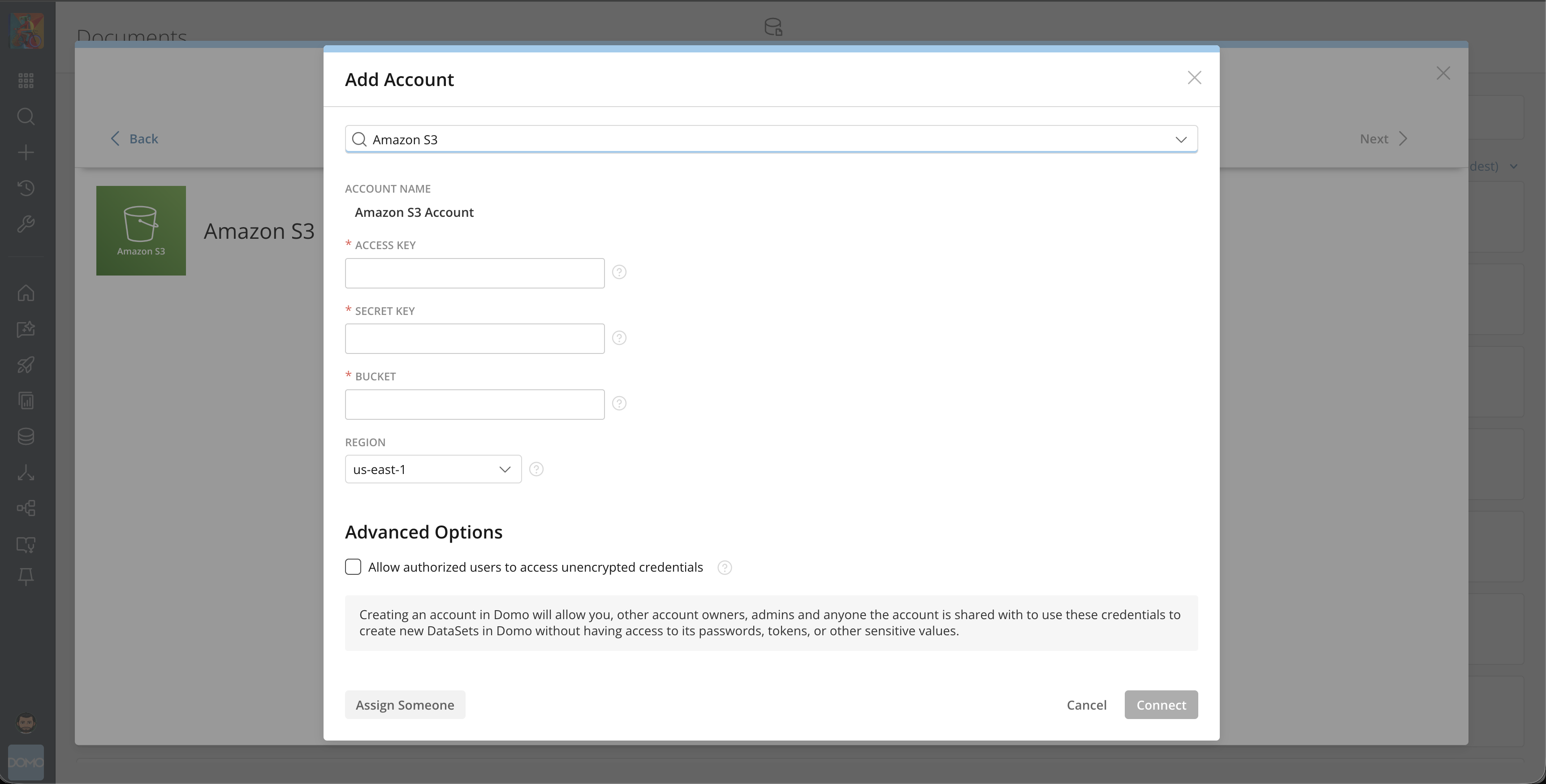 AWS access key credentials screen