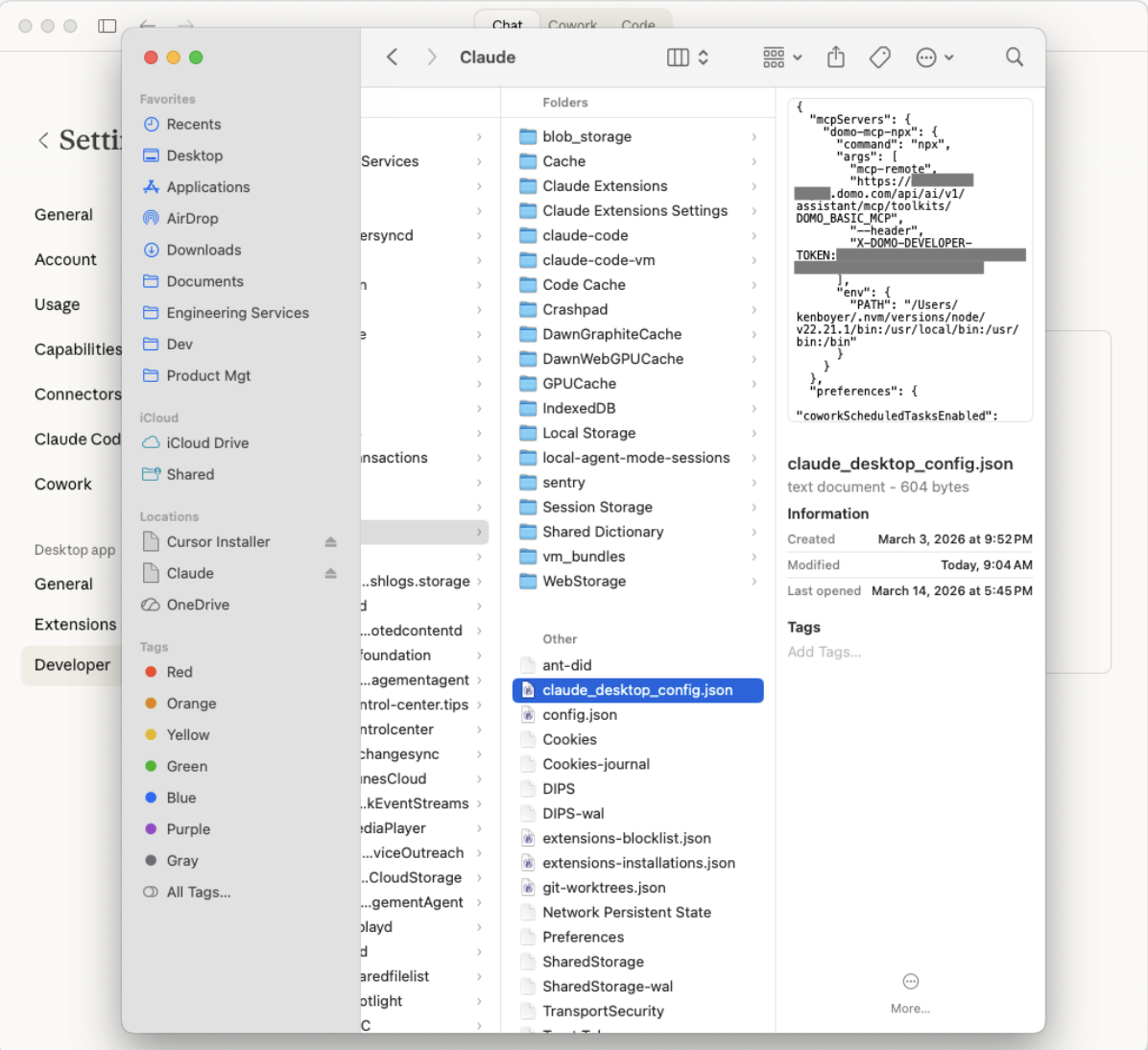 Claude Desktop configuration file open in a text editor