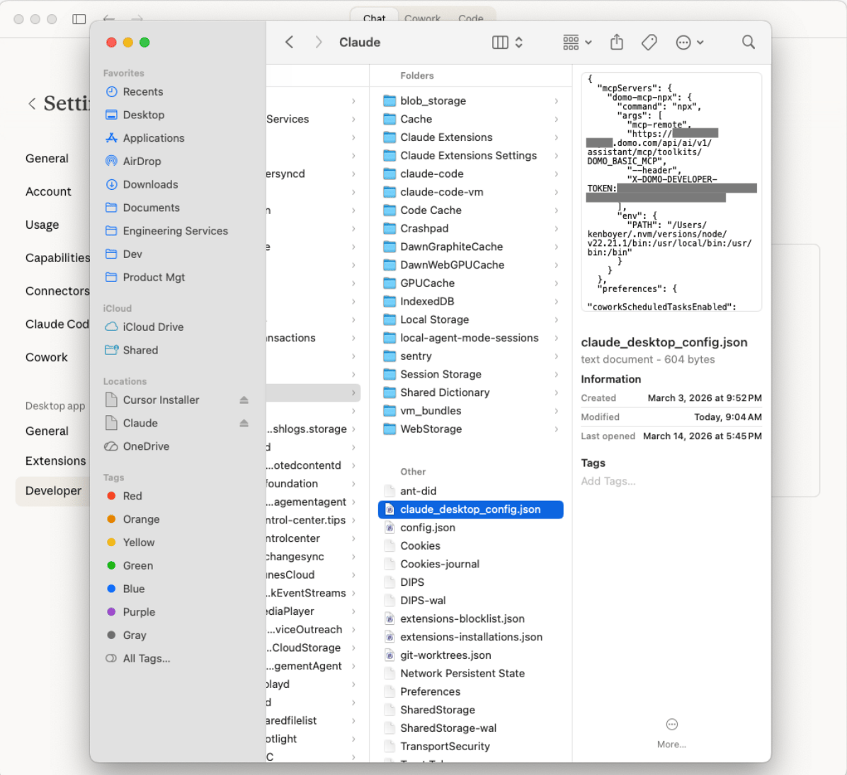 Claude Desktop configuration file open in a text editor