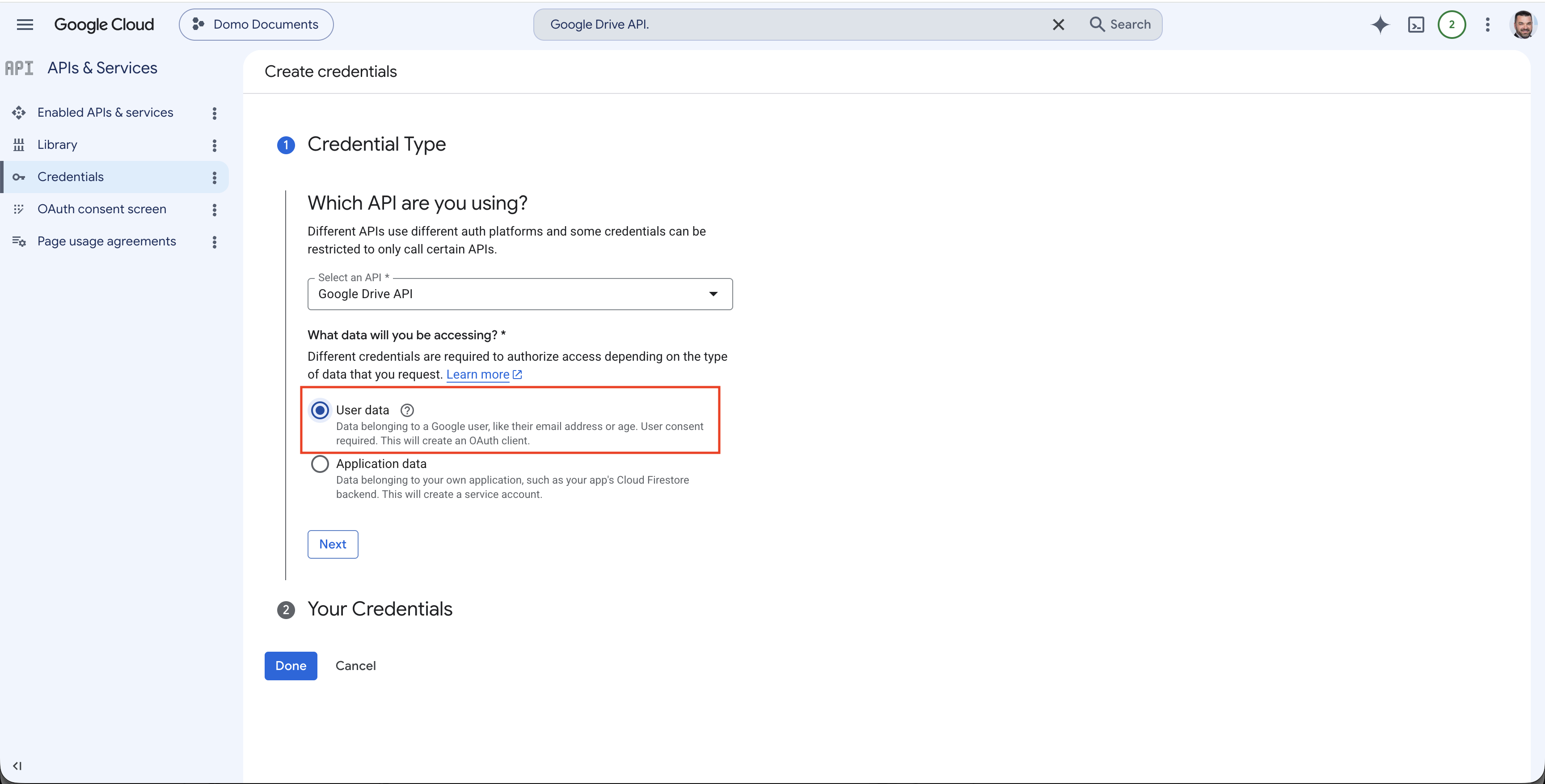 Google Cloud credentials type selection