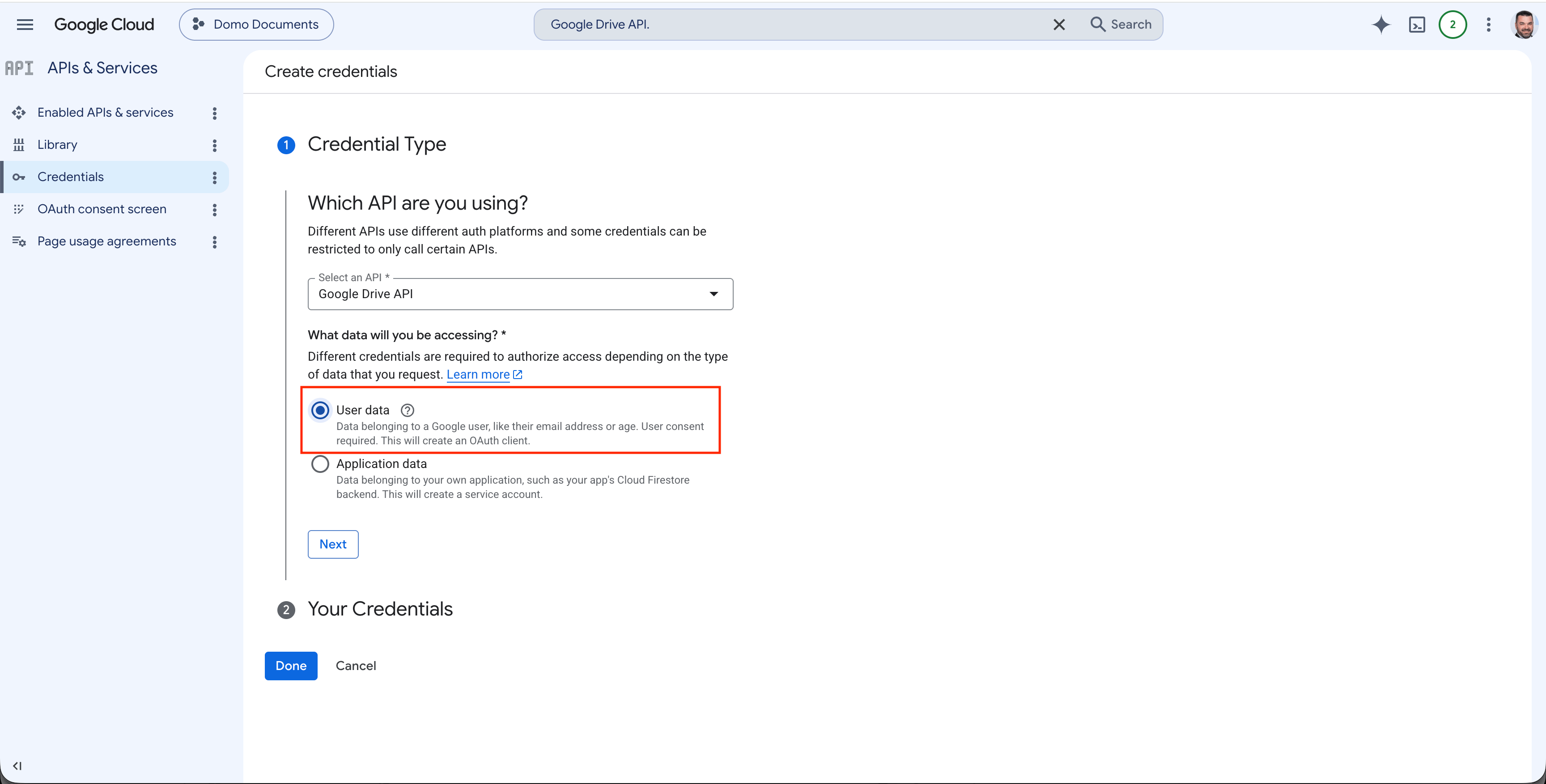 Google Cloud credentials type selection