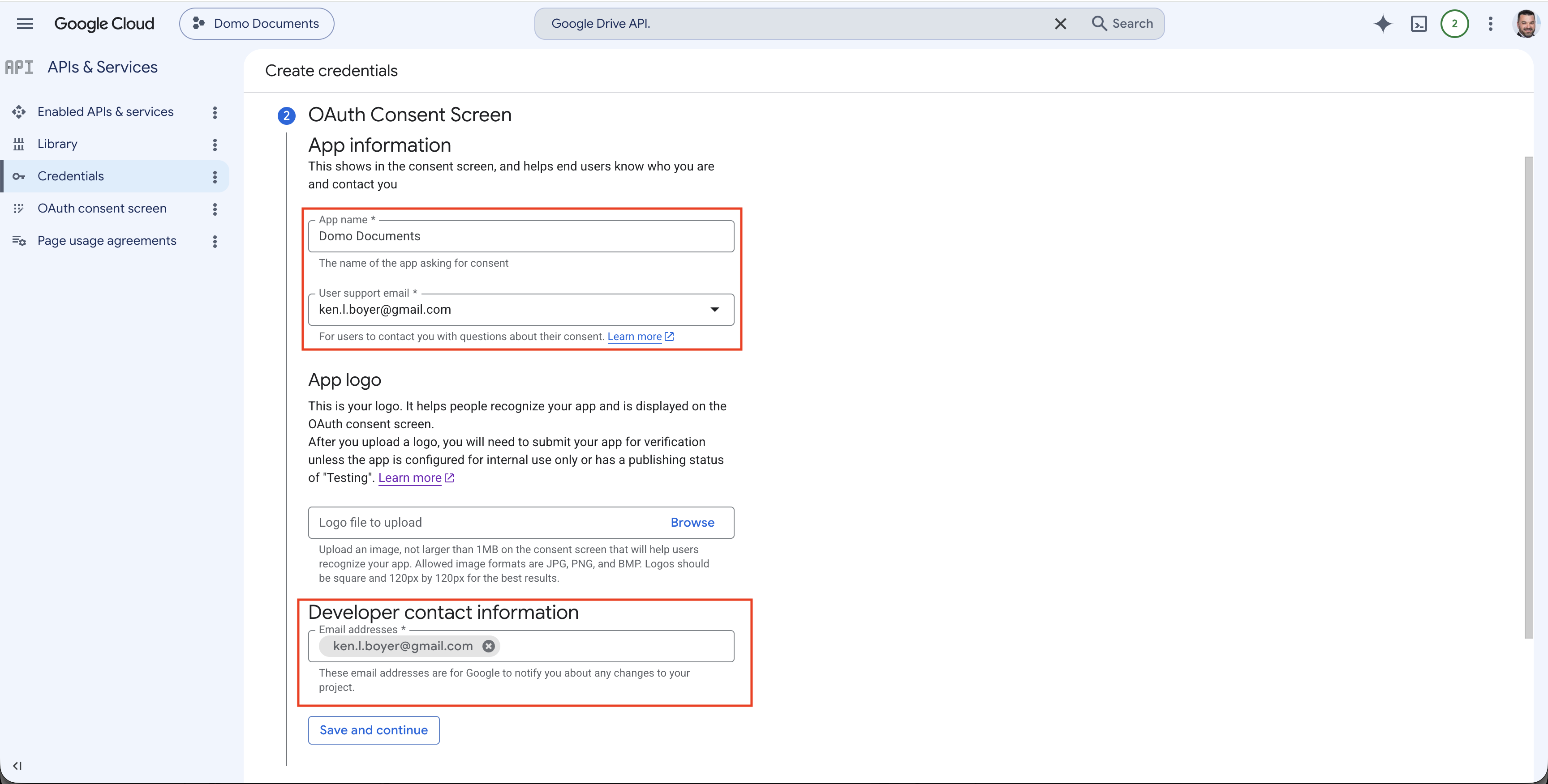 OAuth consent screen app information form