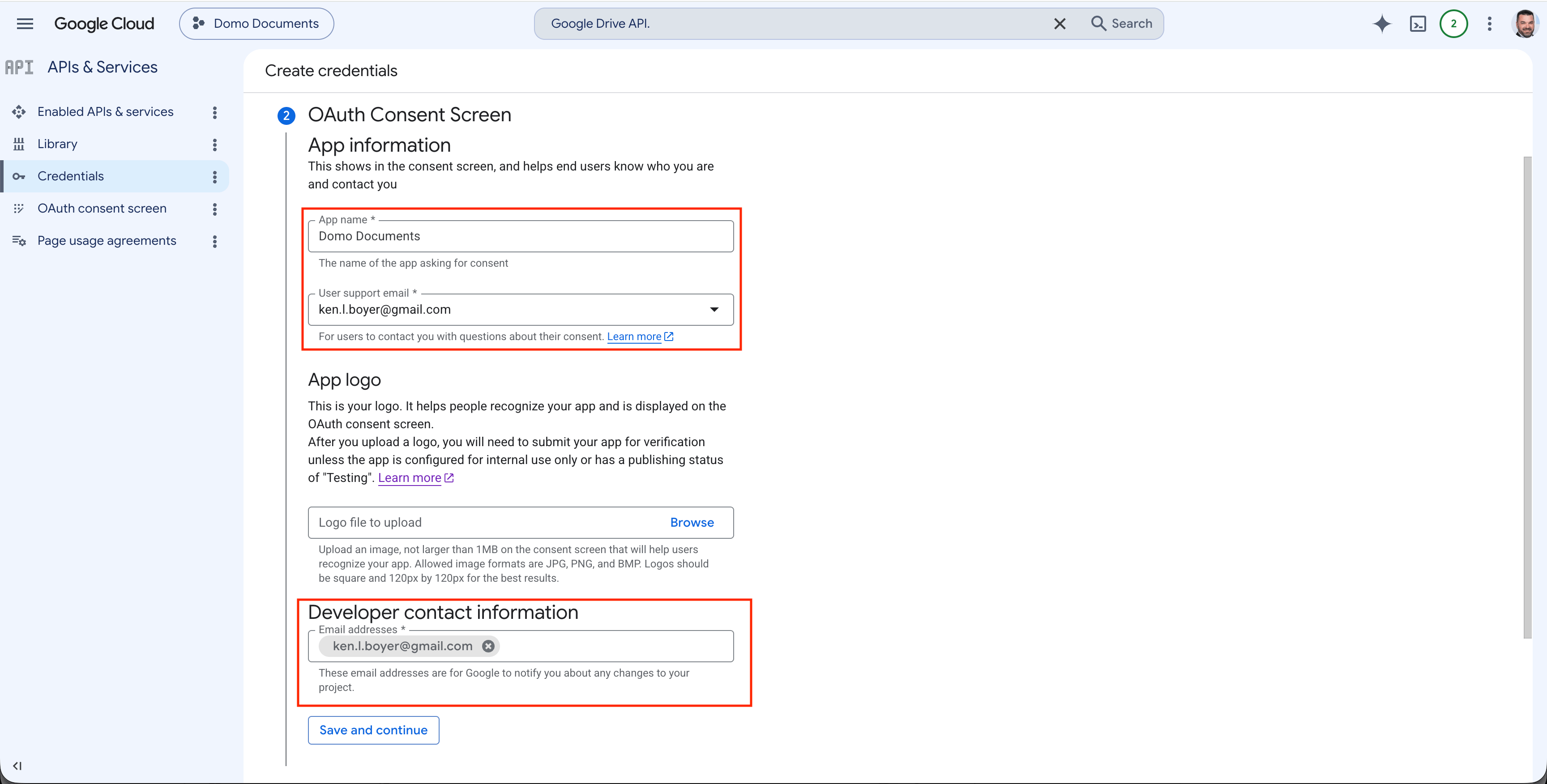 OAuth consent screen app information form