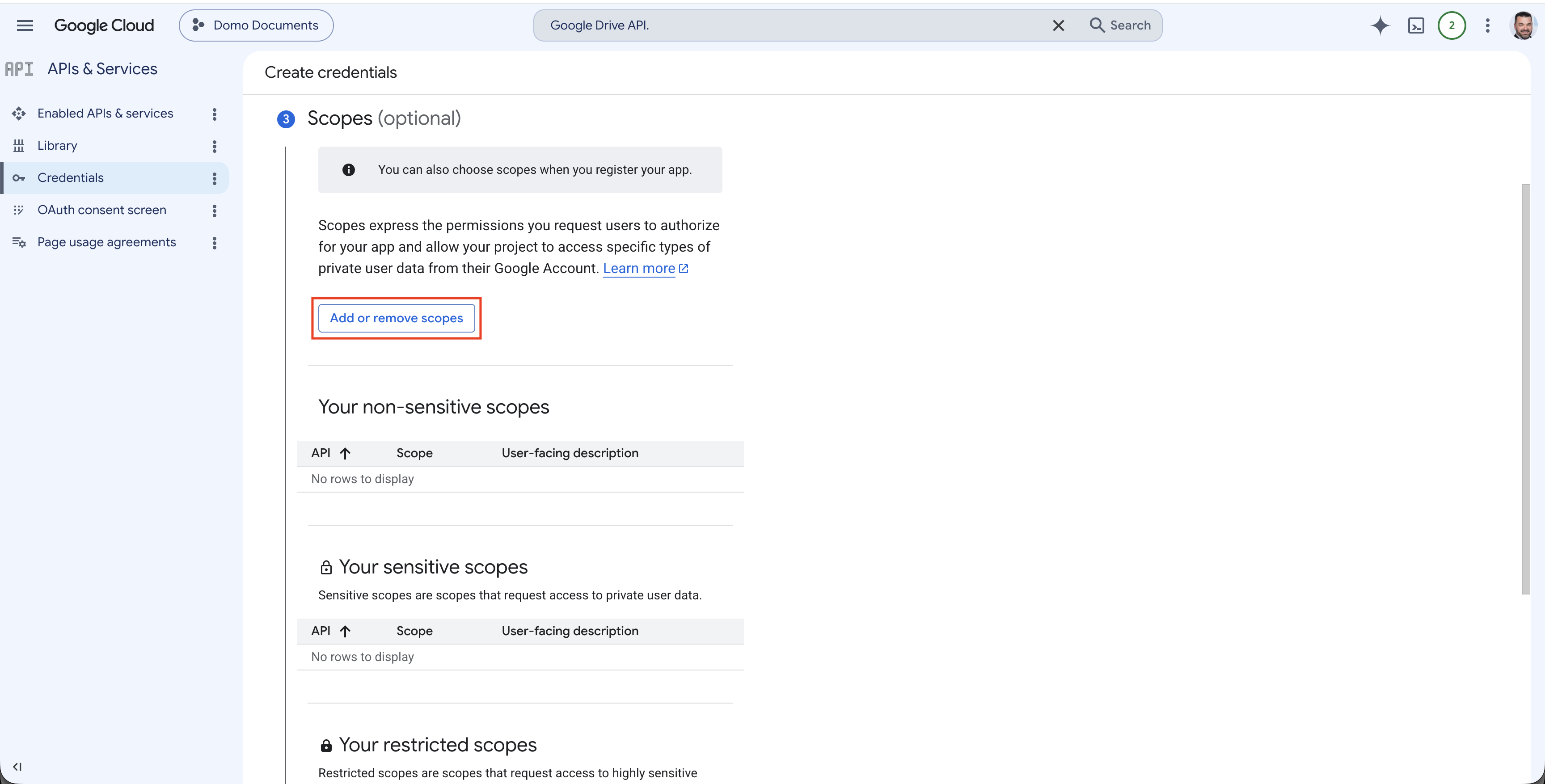 OAuth scopes configuration screen