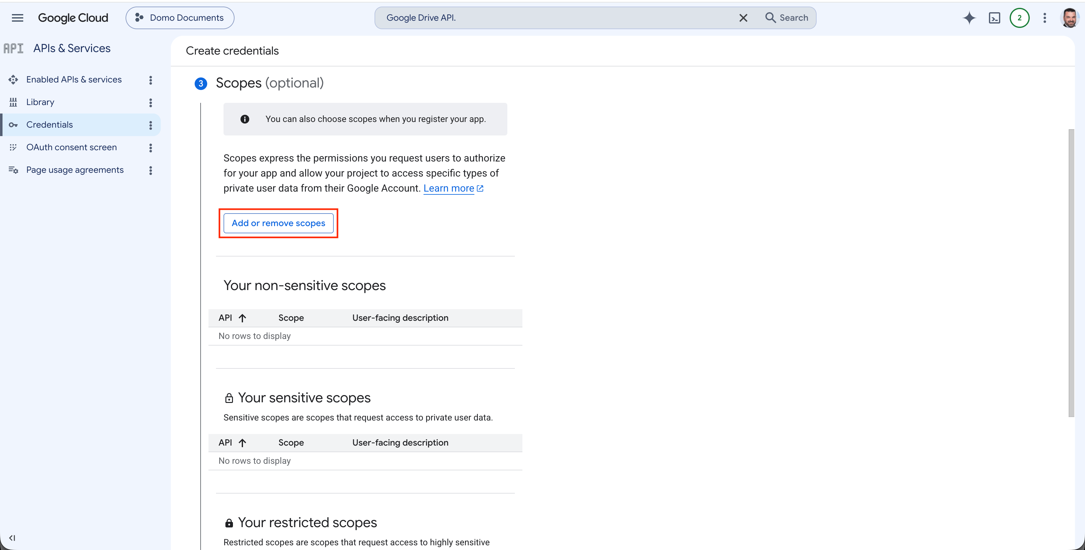 OAuth scopes configuration screen