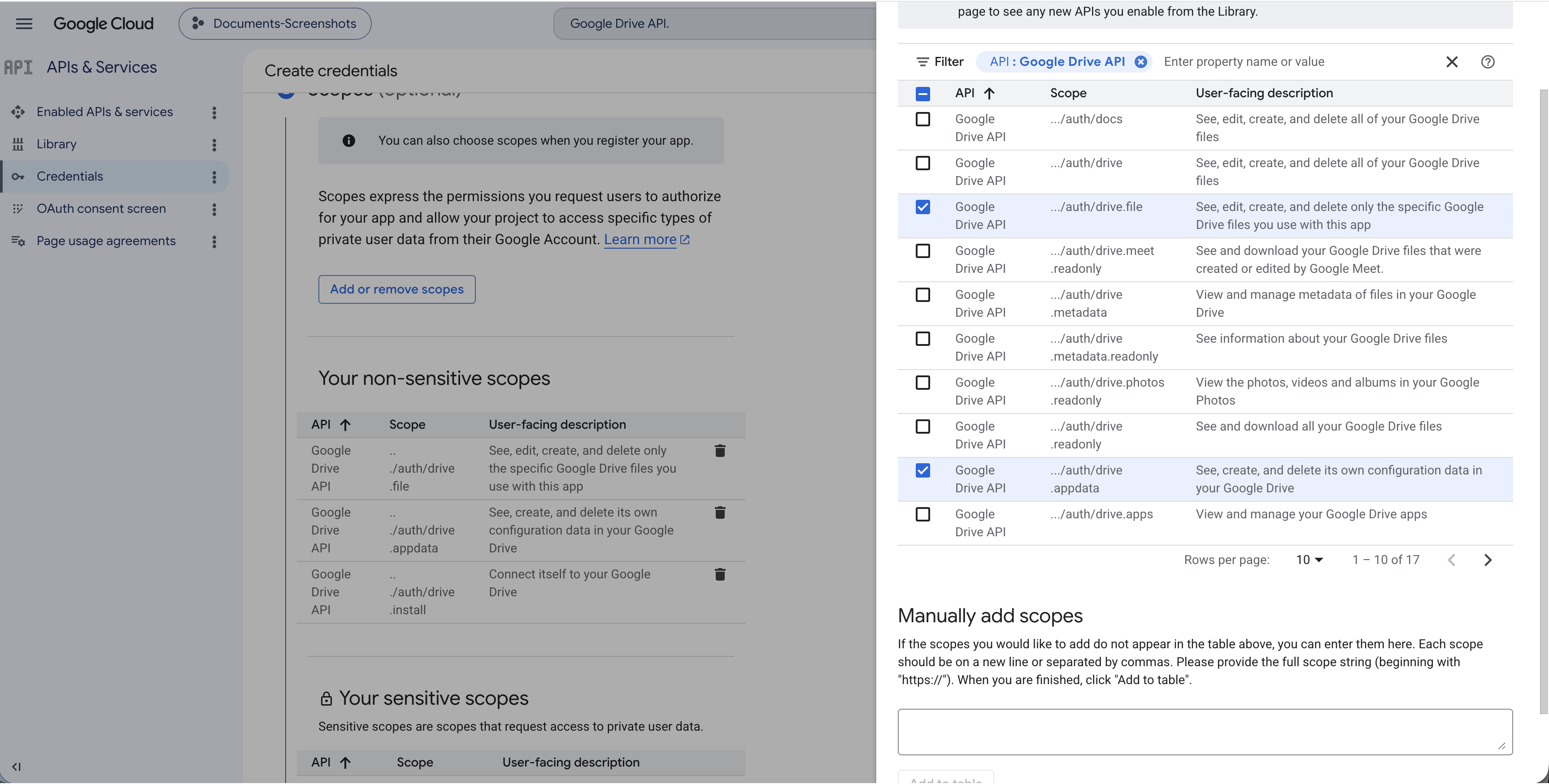 Google Drive API non-restricted scopes selected