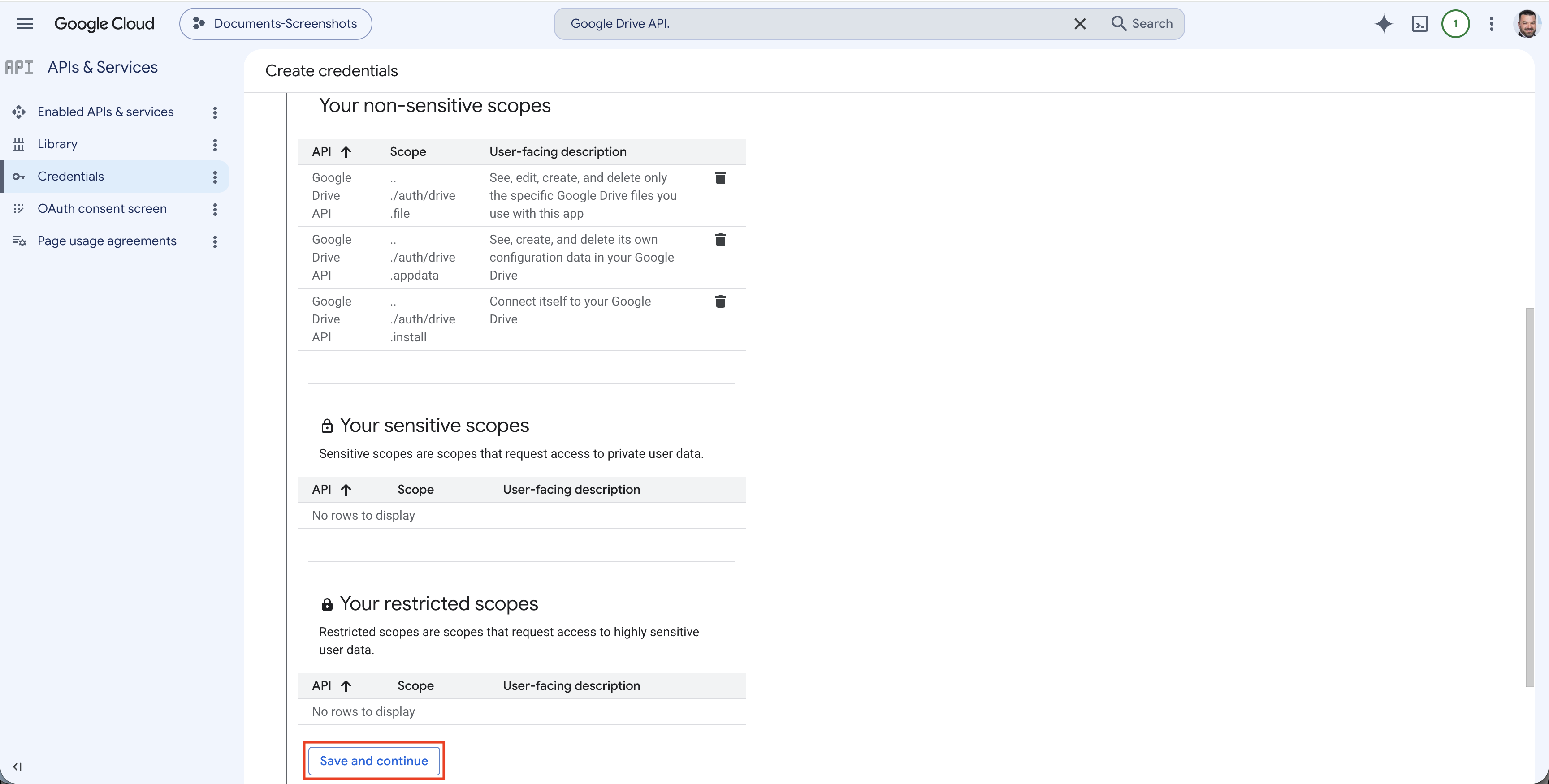 OAuth consent screen save and continue button