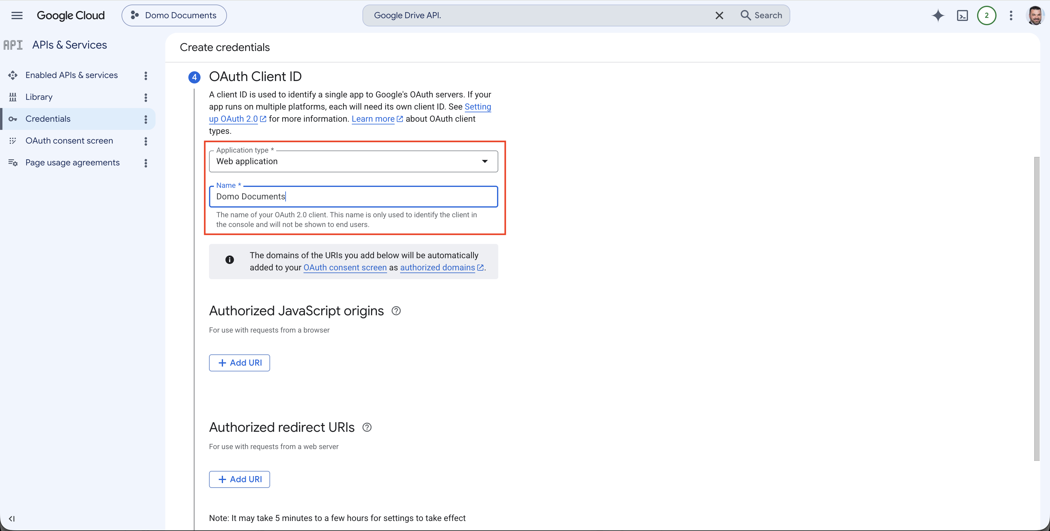OAuth client name and type form