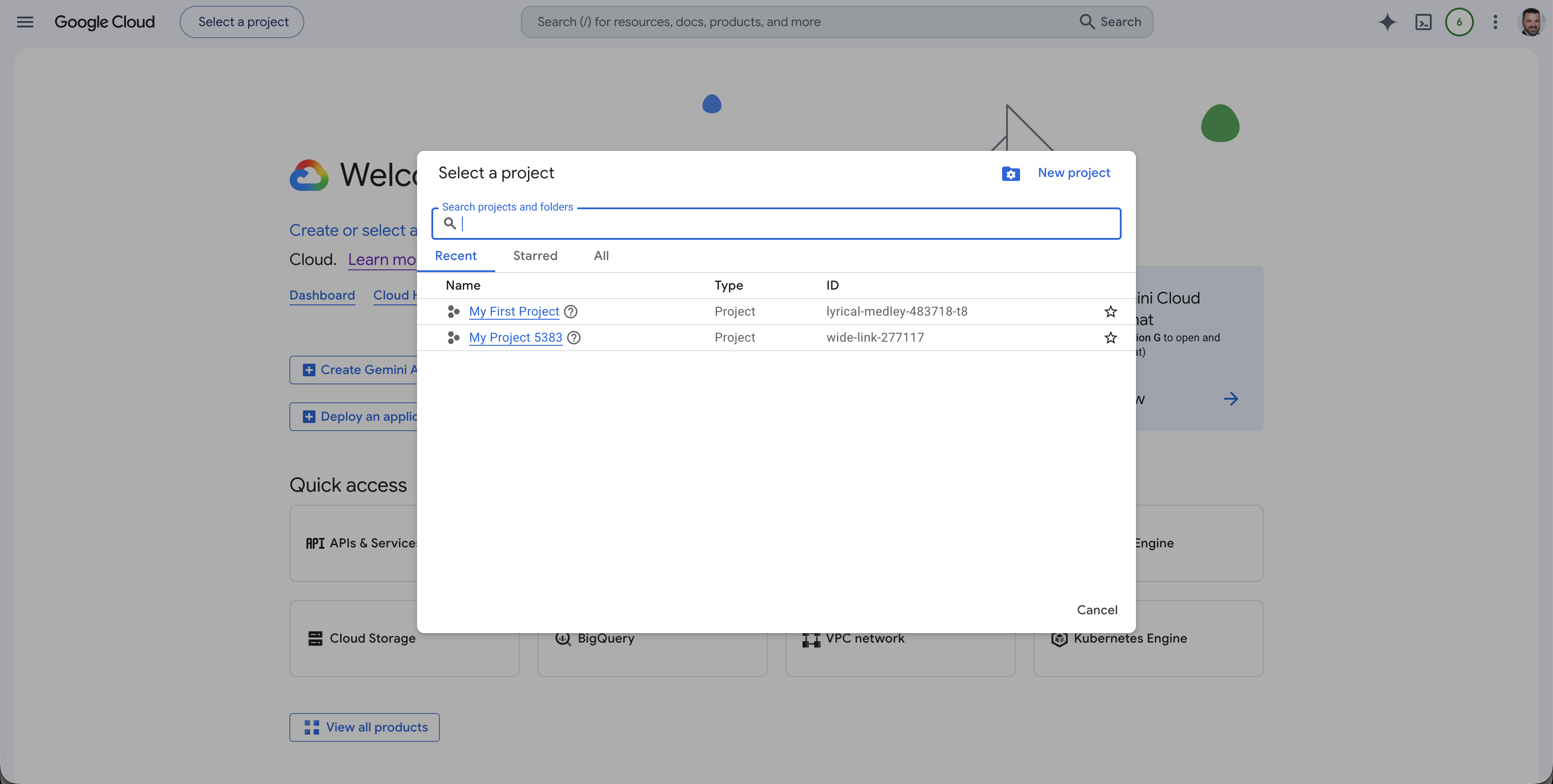 Google Cloud project creation option