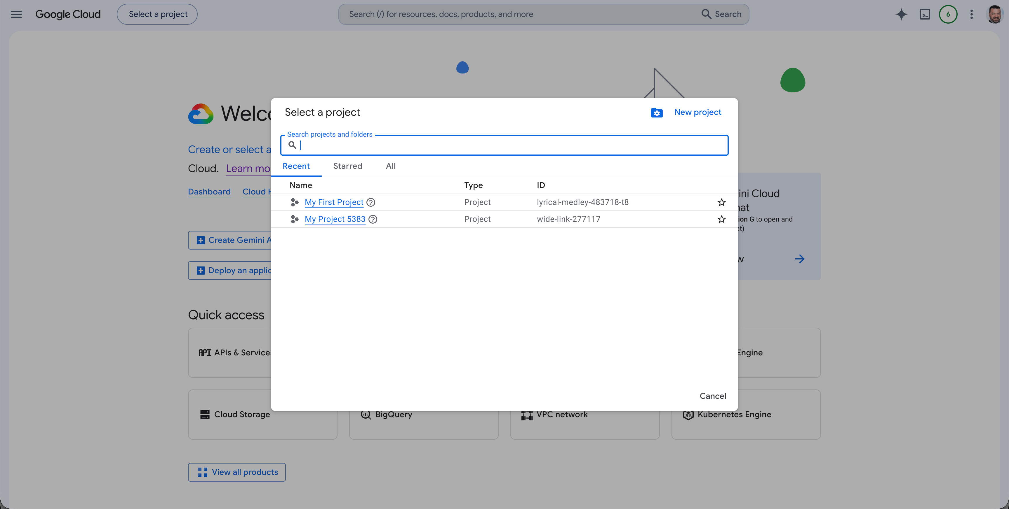 Google Cloud project creation option