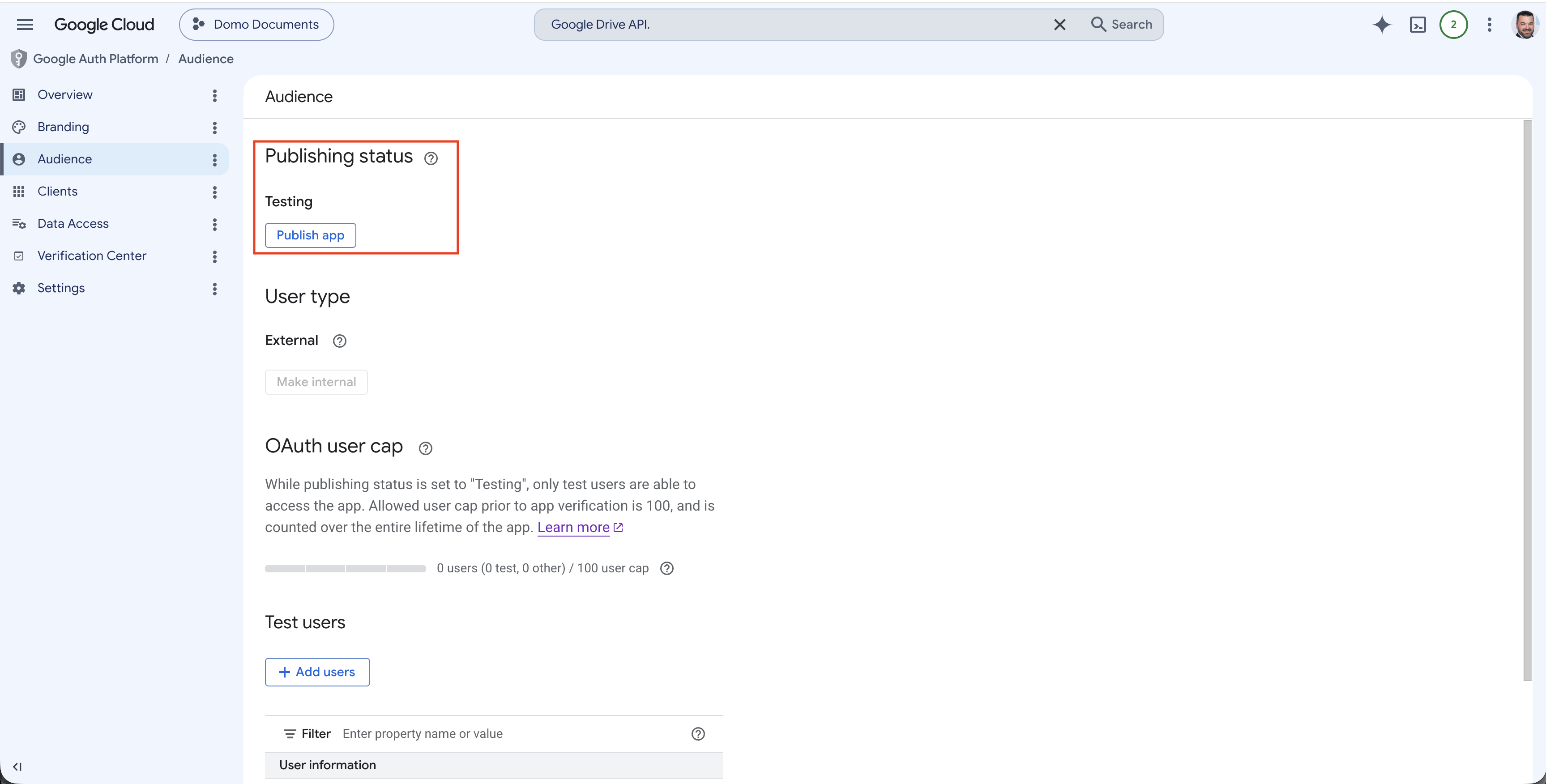 OAuth consent screen audience and publishing status