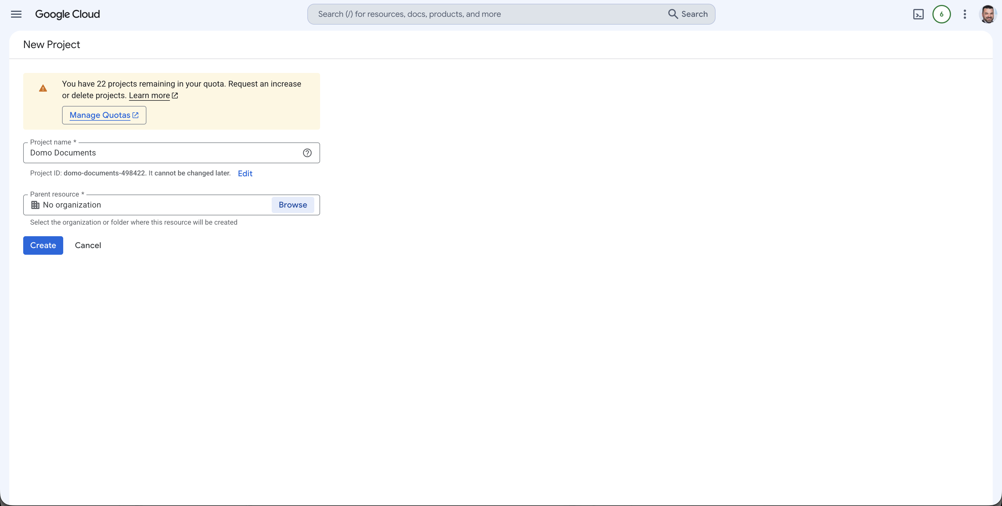 Google Cloud new project dialog