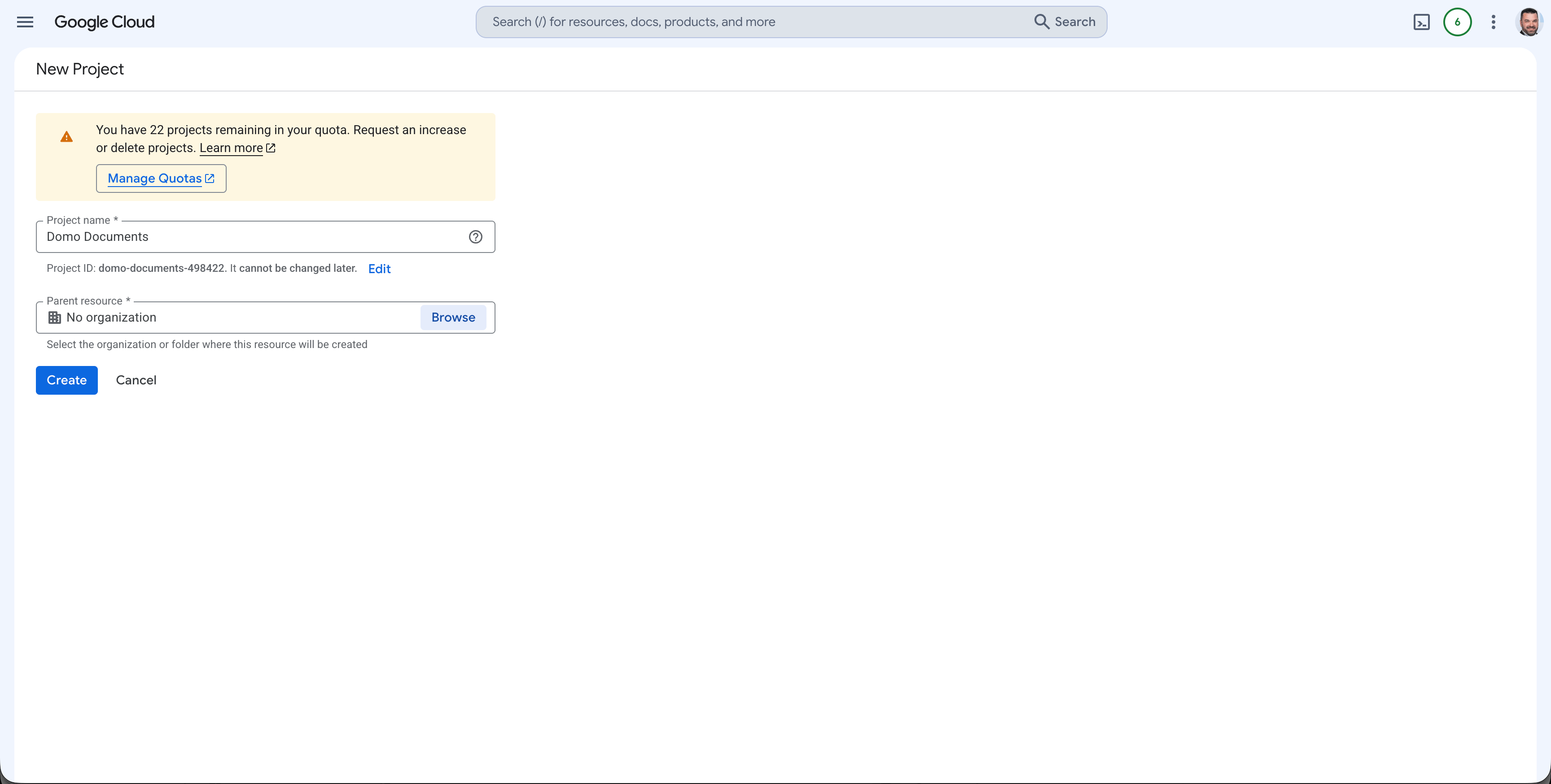 Google Cloud new project dialog
