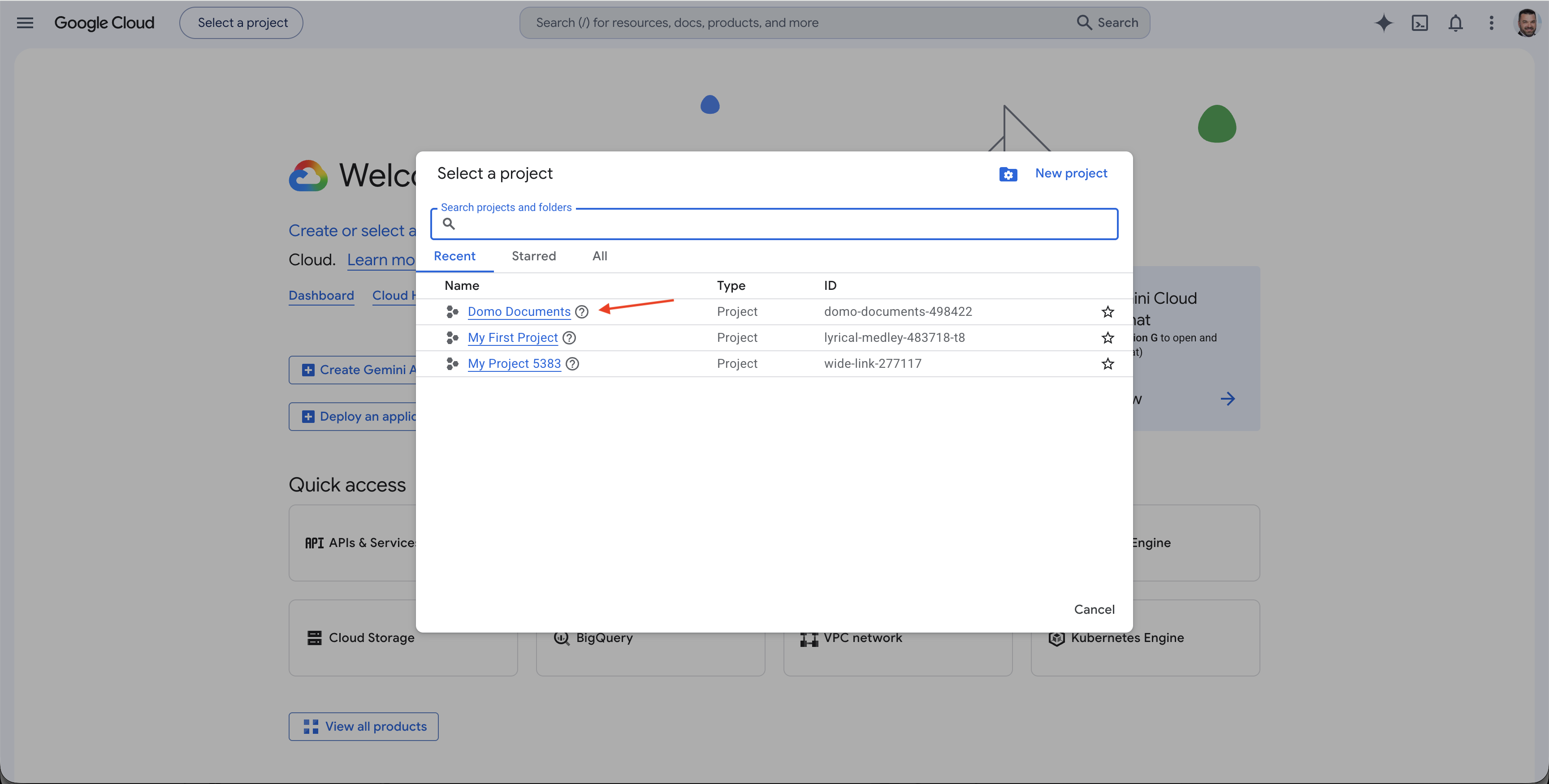 Google Cloud project dashboard