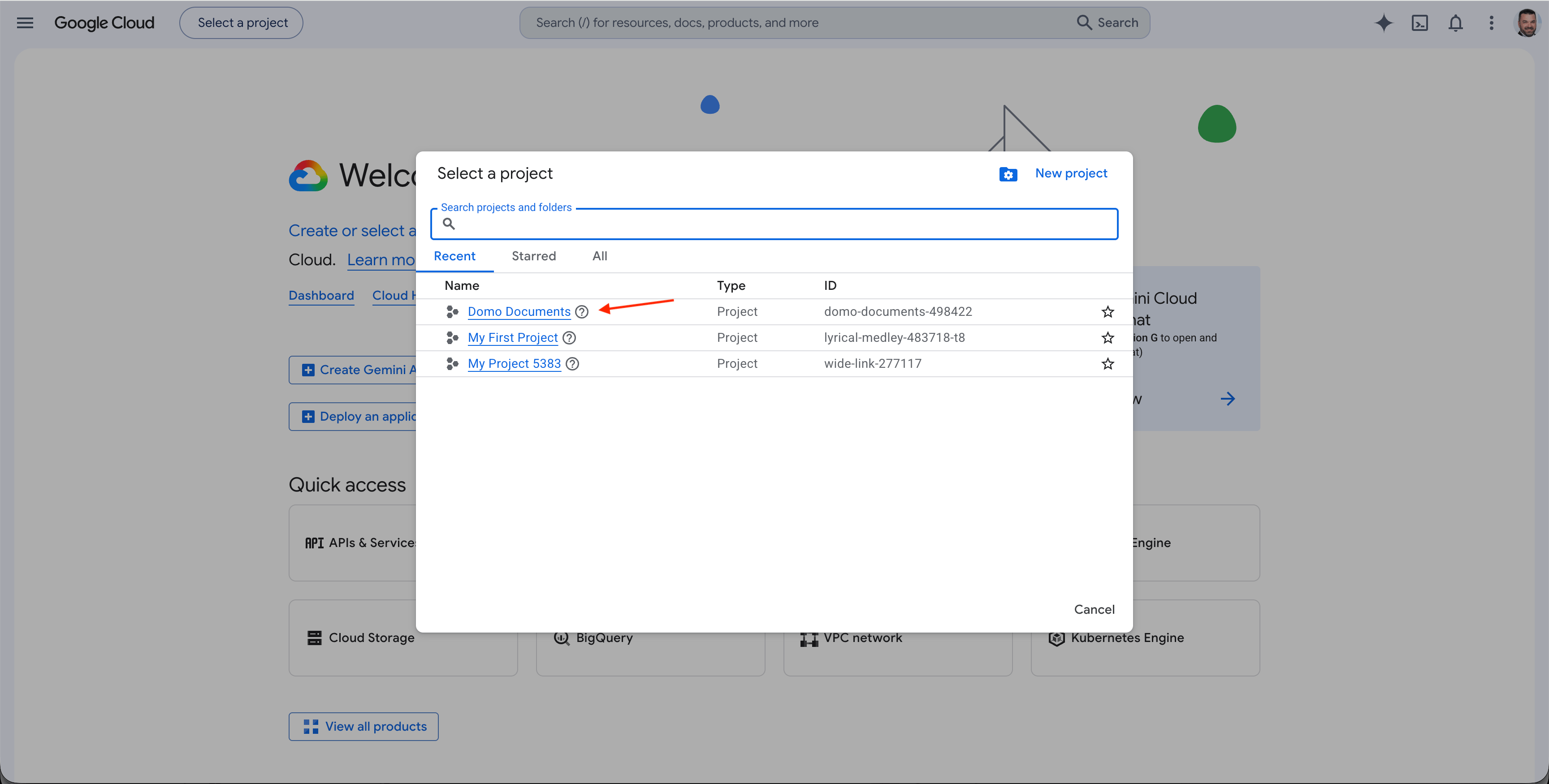 Google Cloud project dashboard