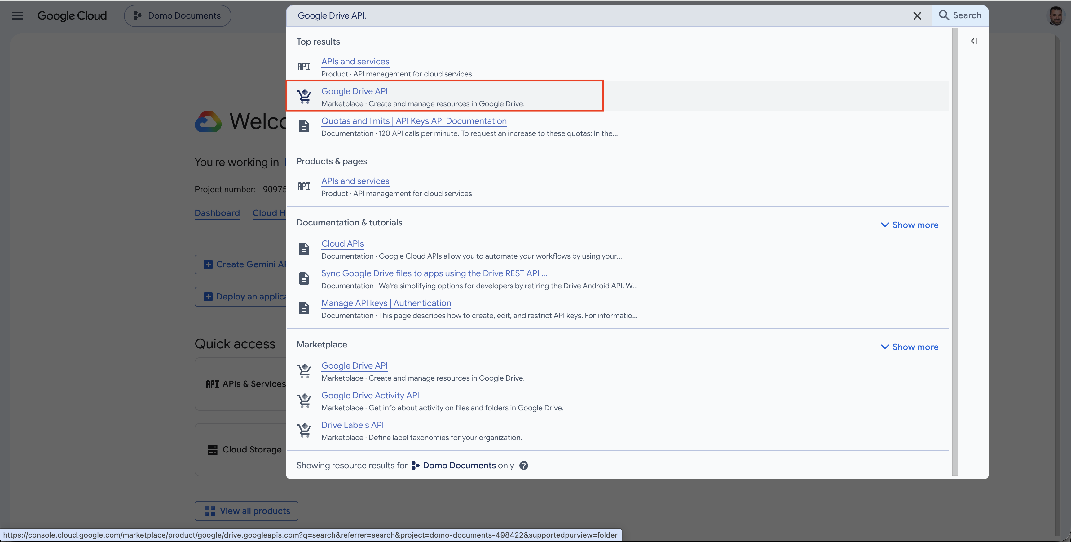 Google Cloud search bar with Google Drive API query