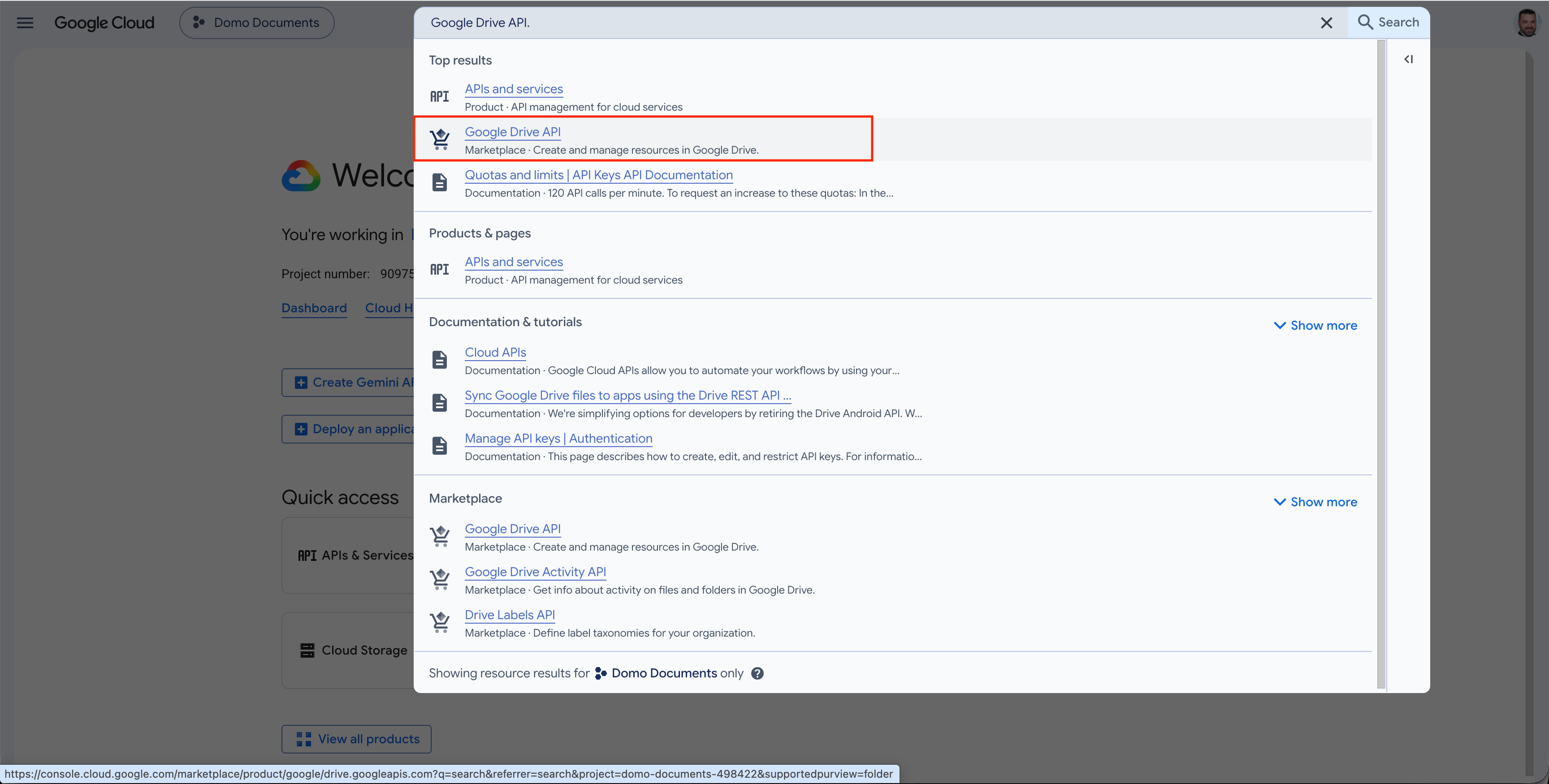 Google Cloud search bar with Google Drive API query