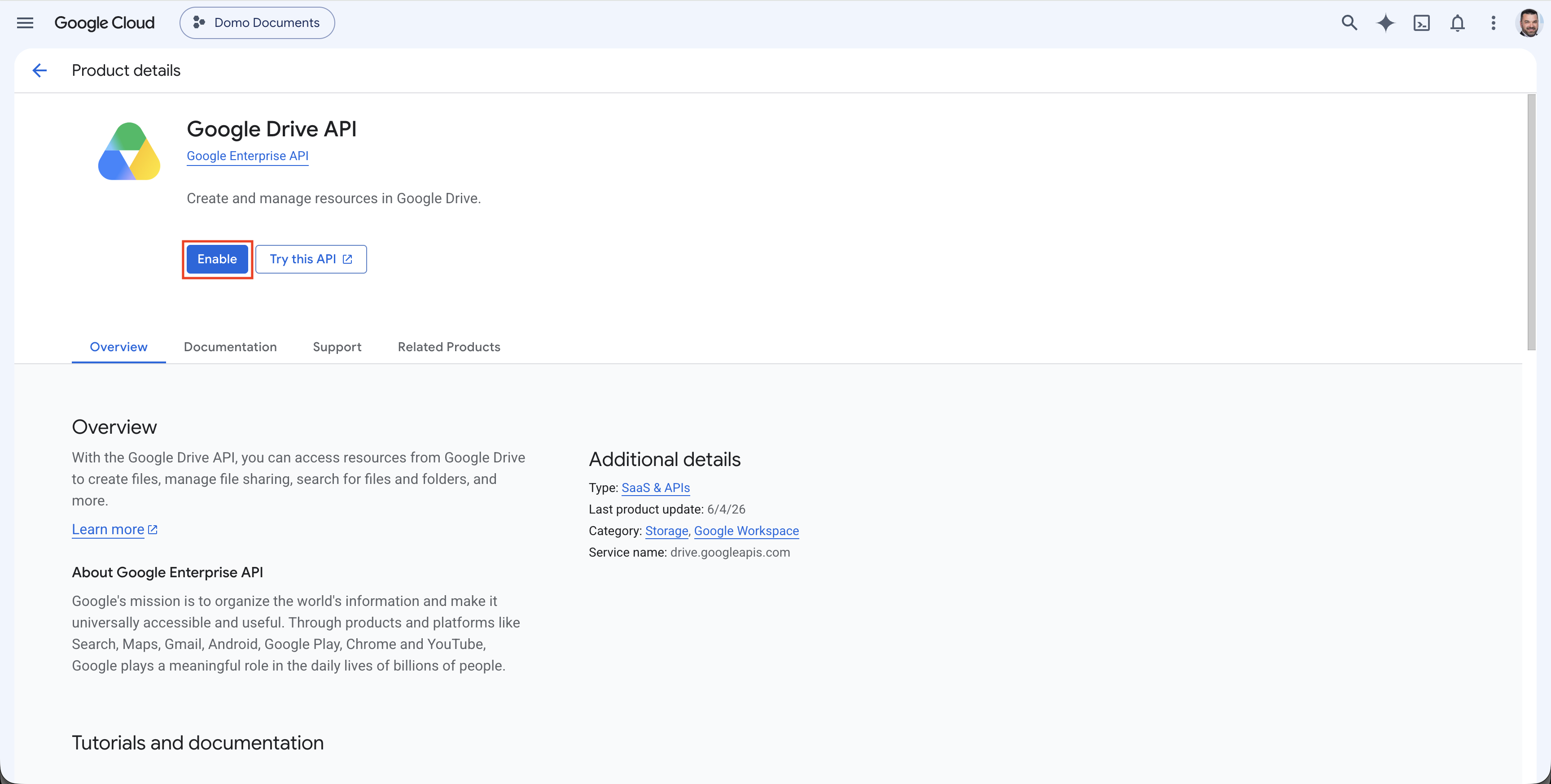 Google Drive API enable button