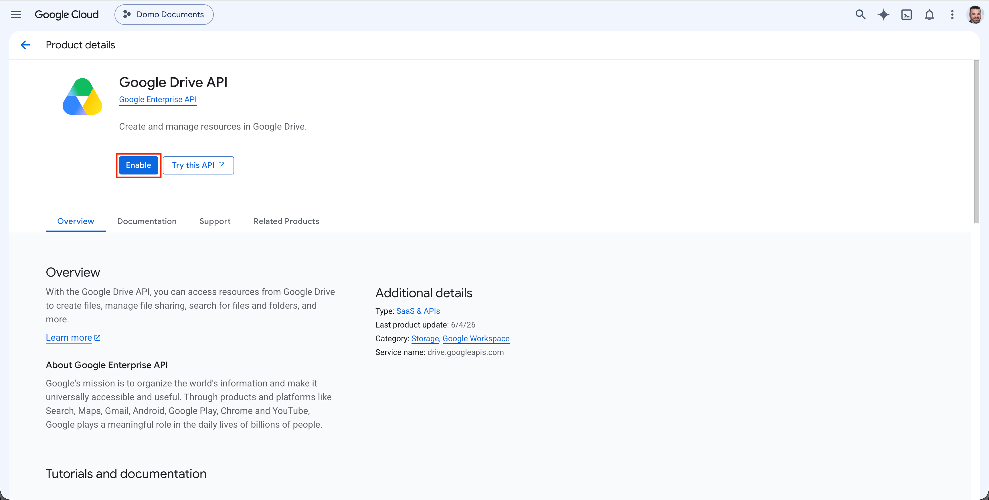 Google Drive API enable button