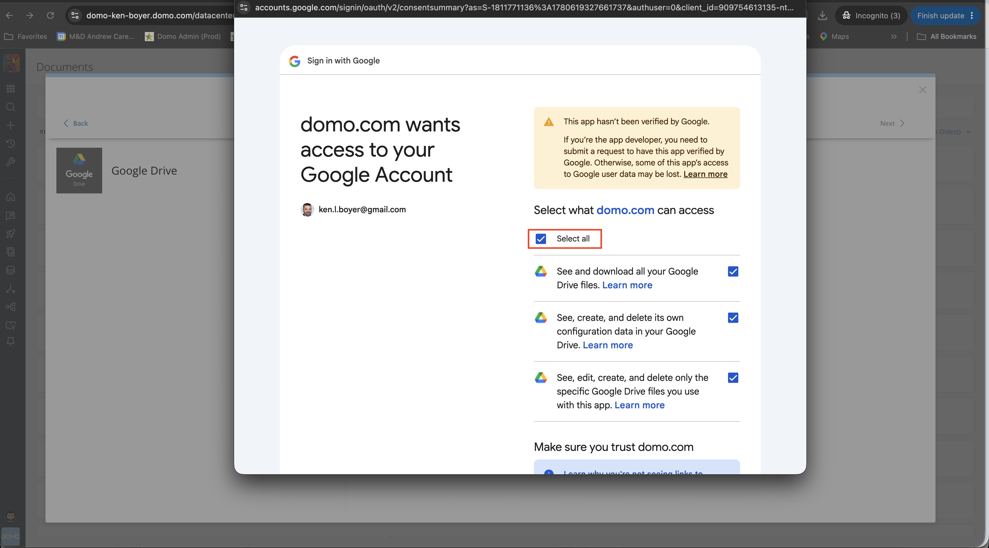 Google Drive access privileges selection