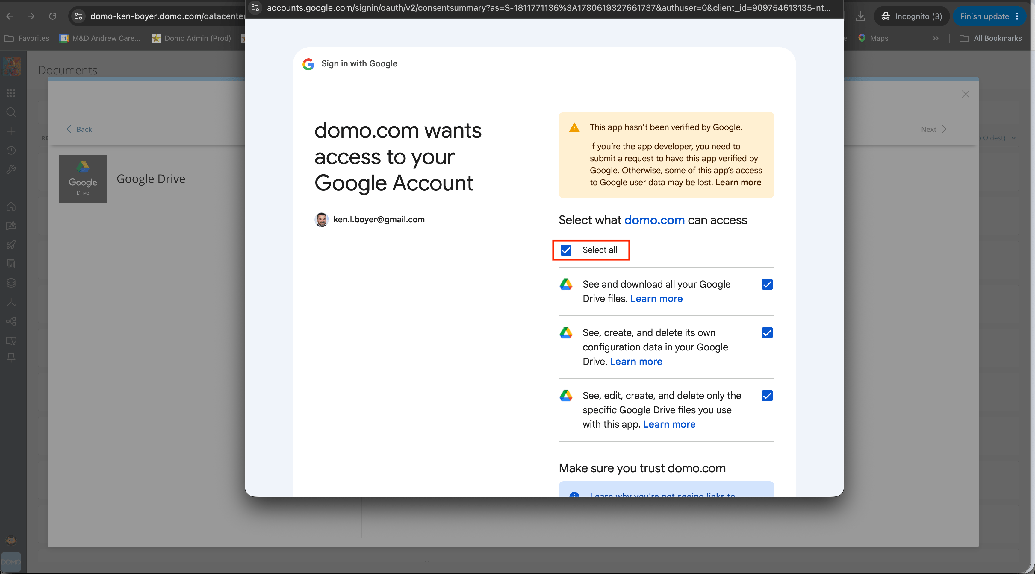 Google Drive access privileges selection