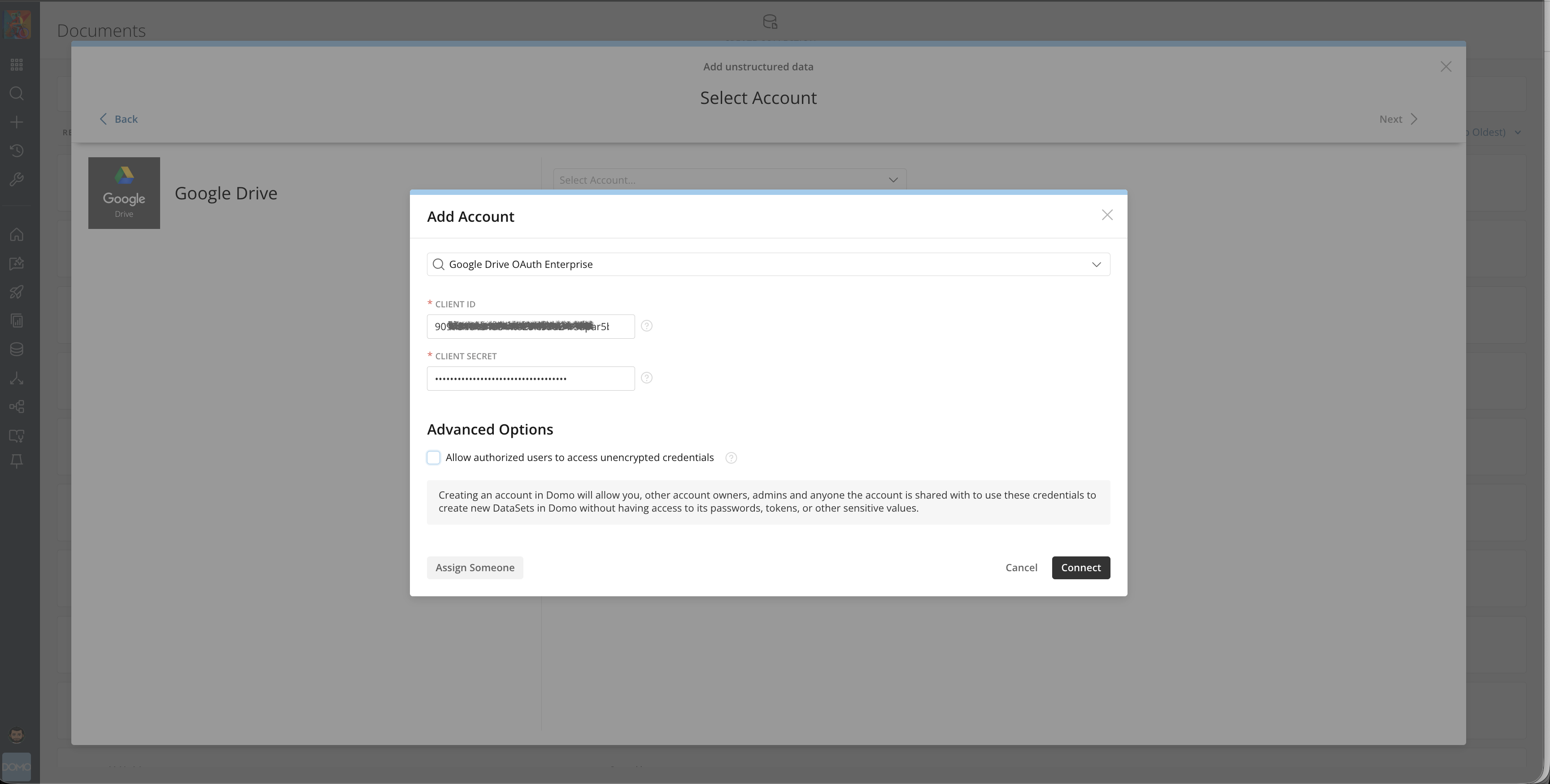 Google Drive connector Client ID and Client Secret fields