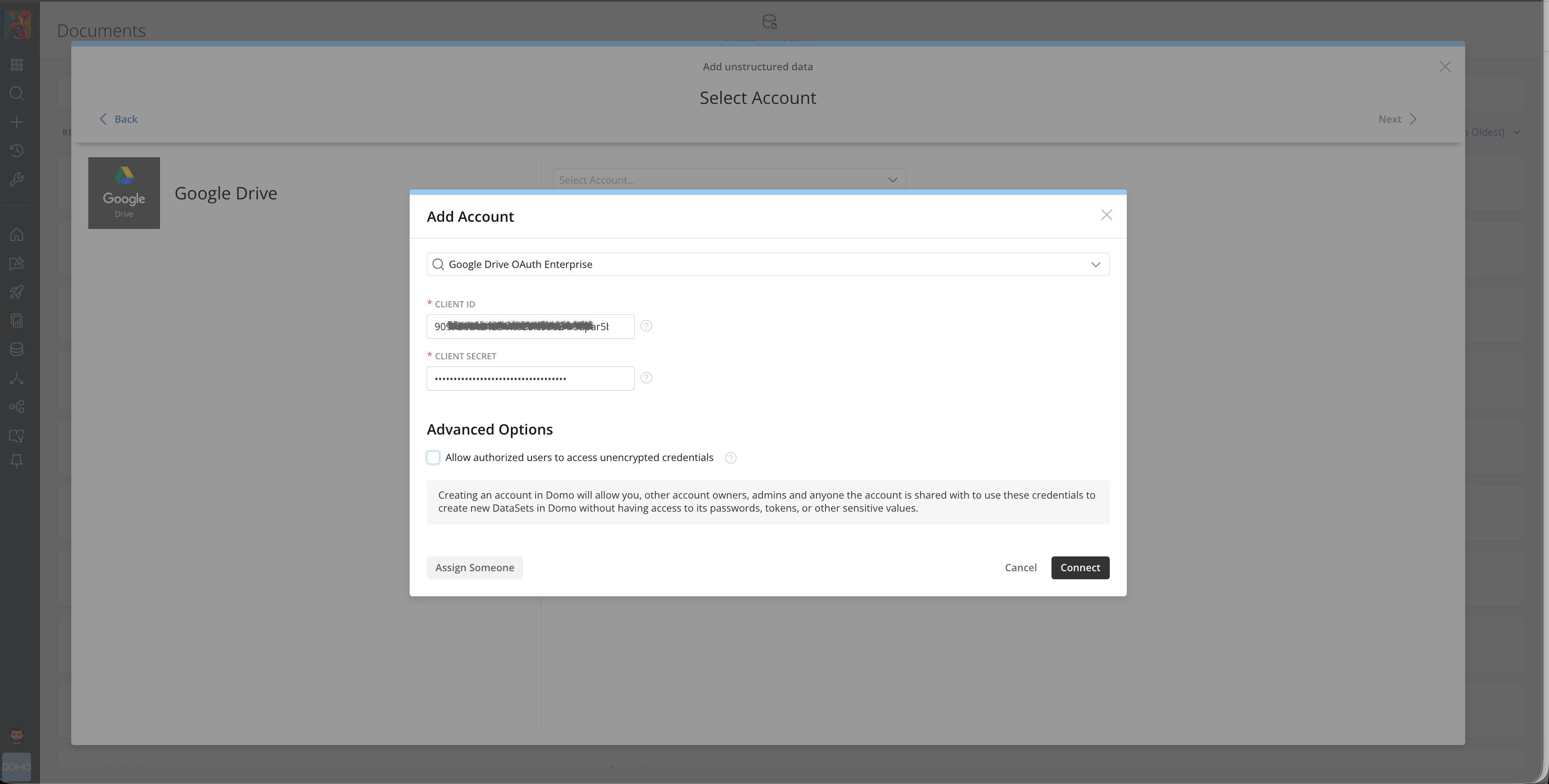 Google Drive connector Client ID and Client Secret fields