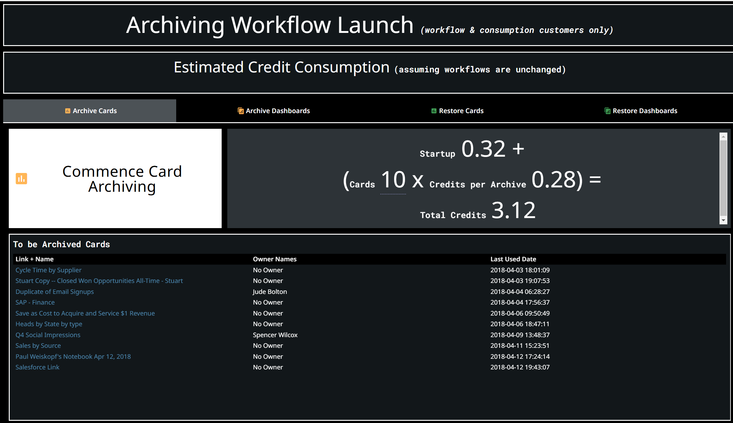 推定クレジット消費量とアーカイブ対象コンテンツのリストを表示するArchiving Workflow Launch画面