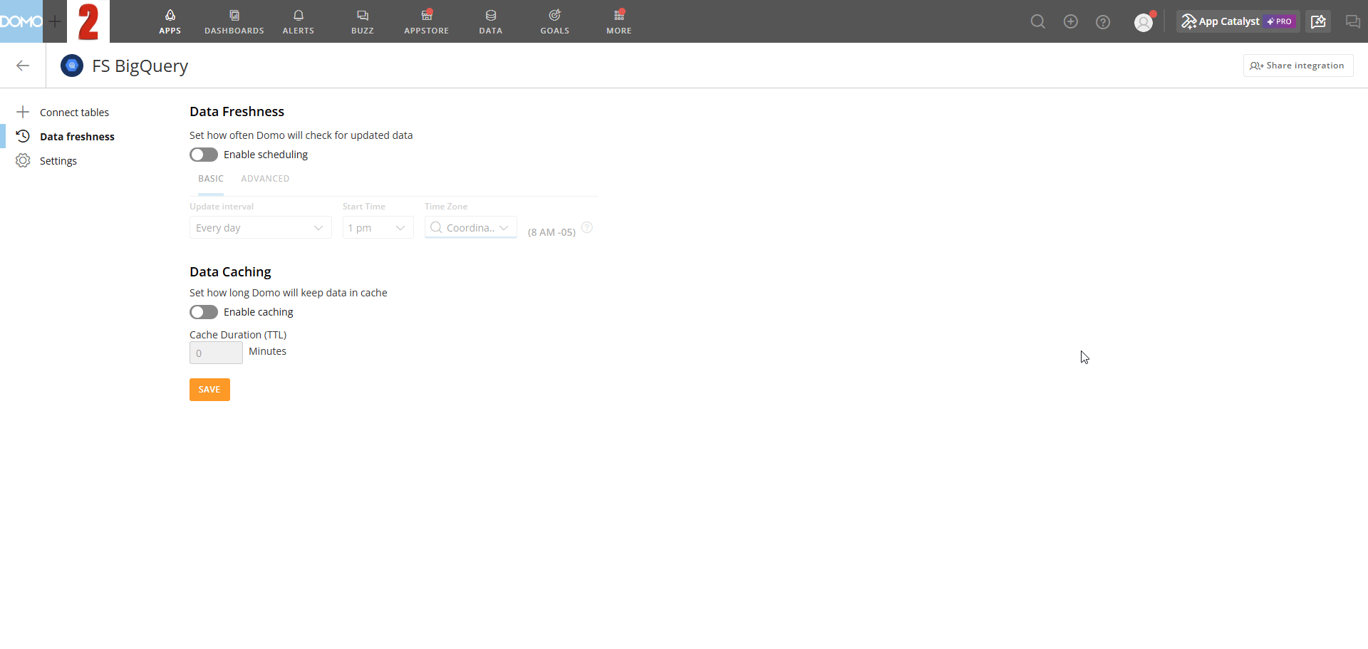 Data Freshness tab in its default state, with scheduling and caching both off