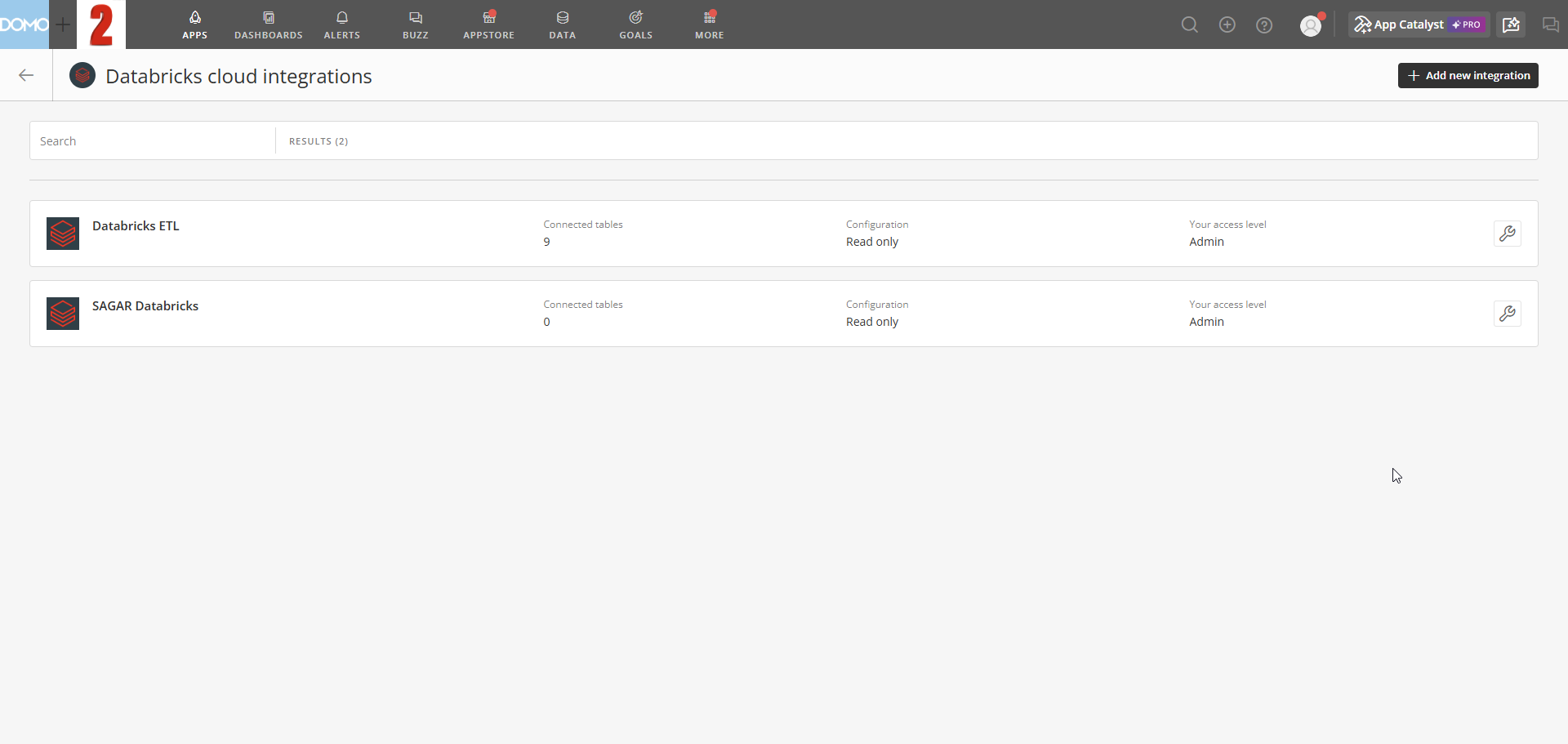 The Databricks Cloud Integrations list showing existing integrations and the Add new integration button.